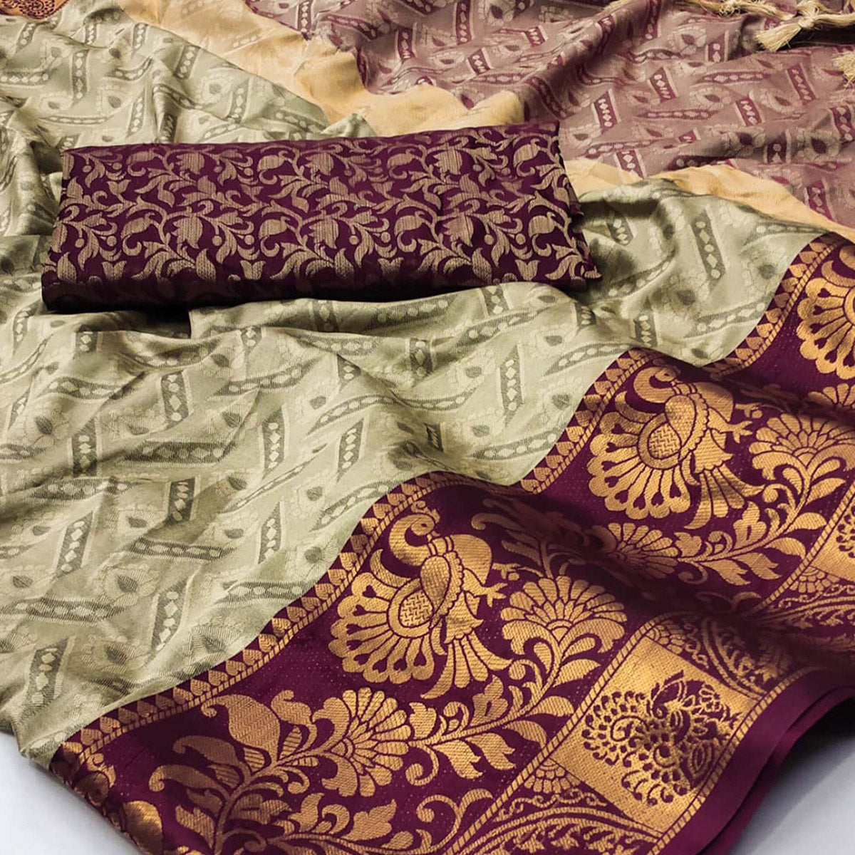 Chikoo Woven Cotton Silk Saree With Tassels