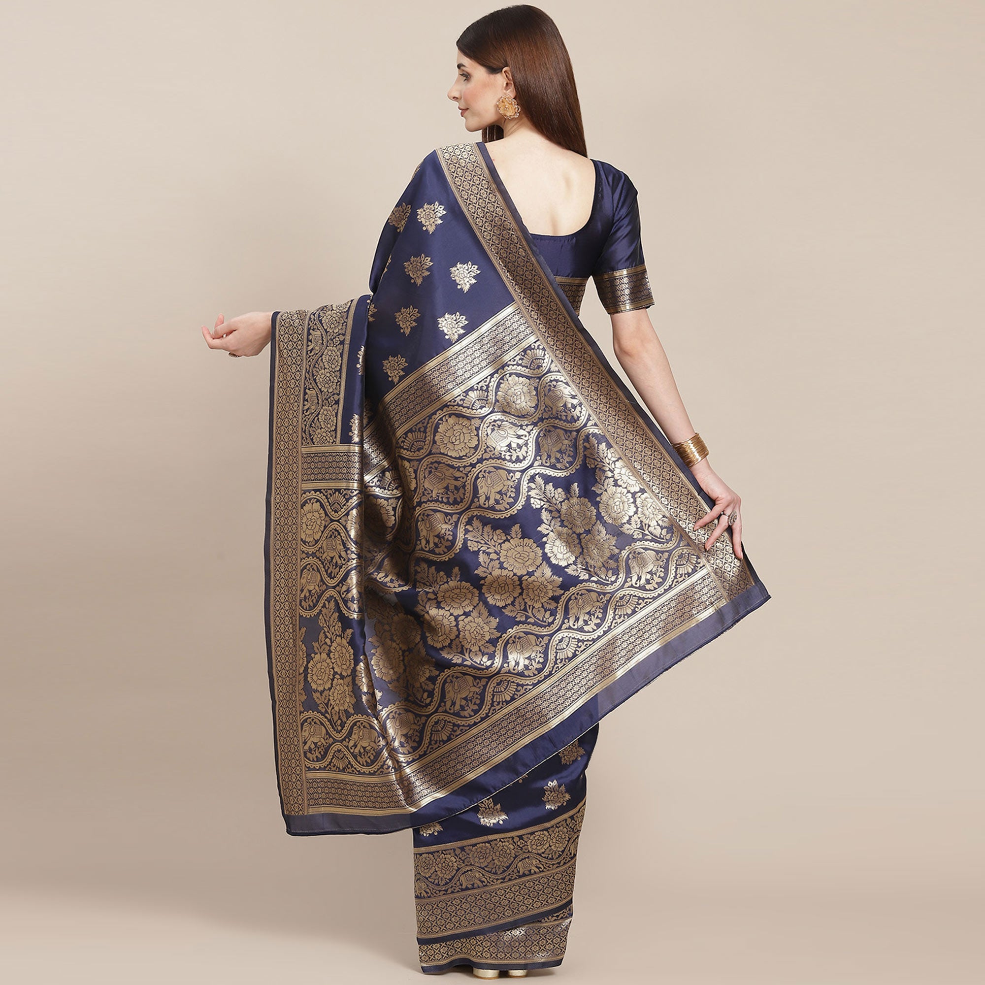 Navy Blue Woven Banarasi Silk Saree