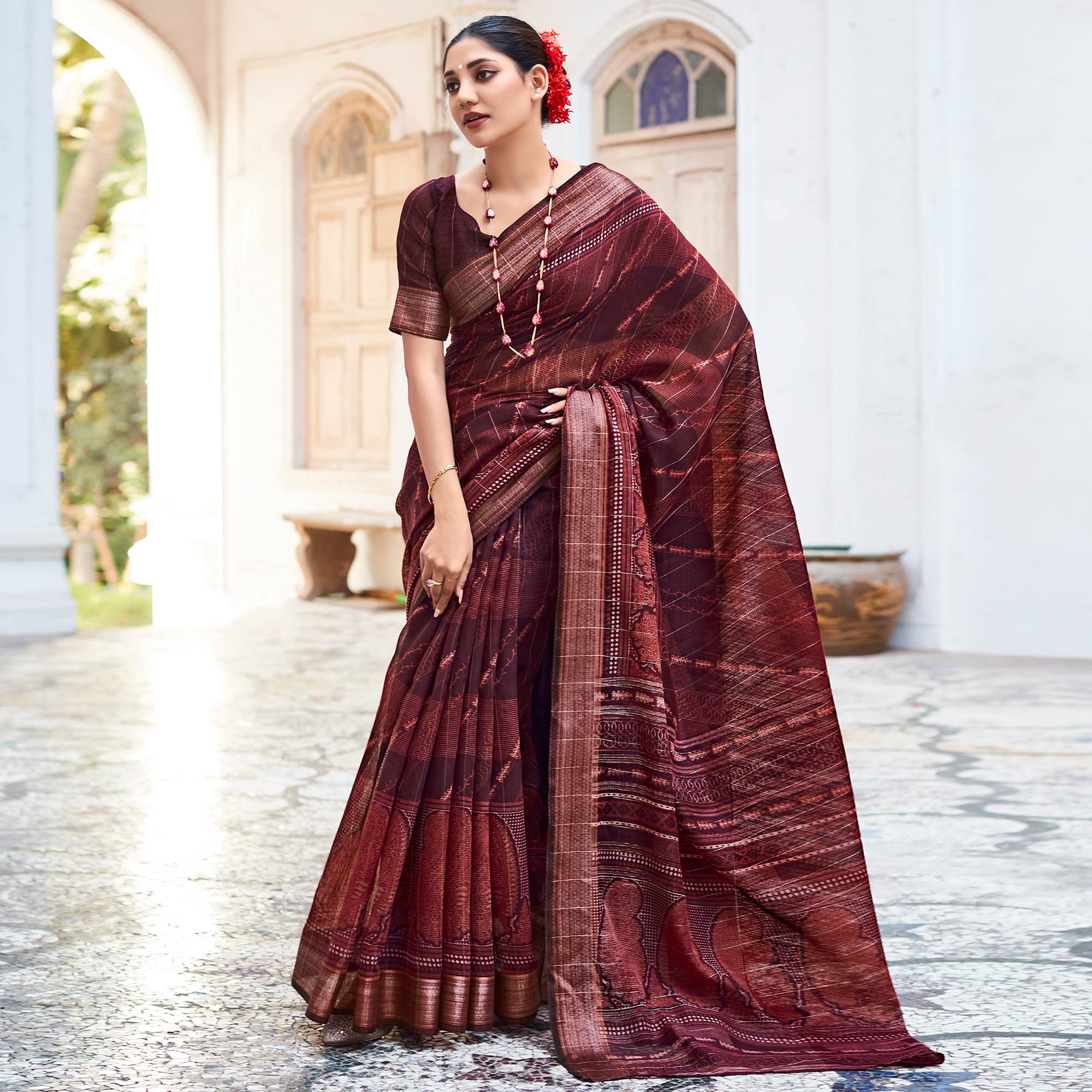 Wine Printed With Woven Border Cotton Saree