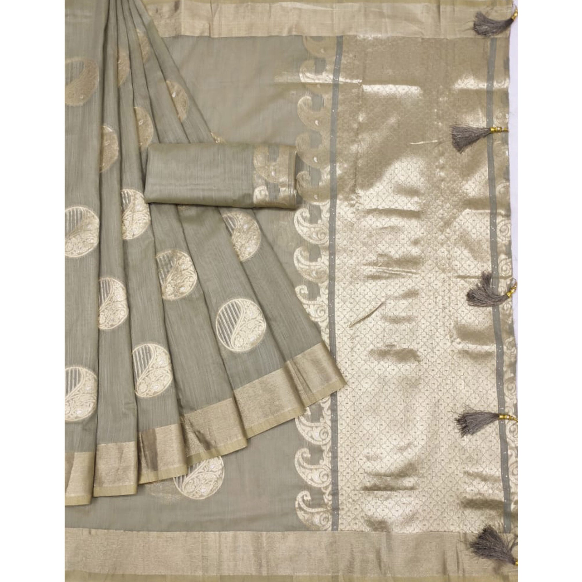 Grey Woven Art Silk Saree With Tassels