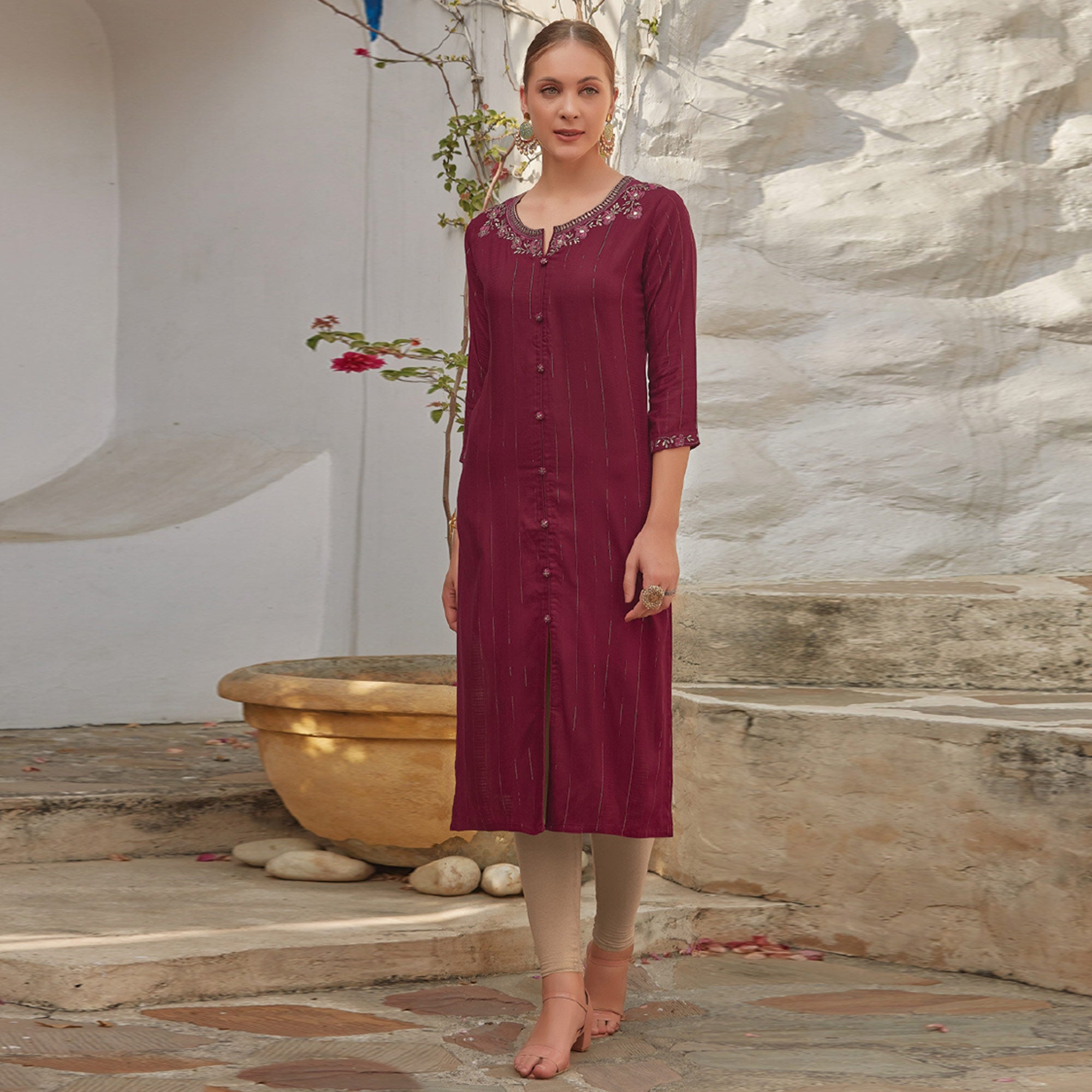 Maroon Floral Embroidered Cotton Blend Kurti