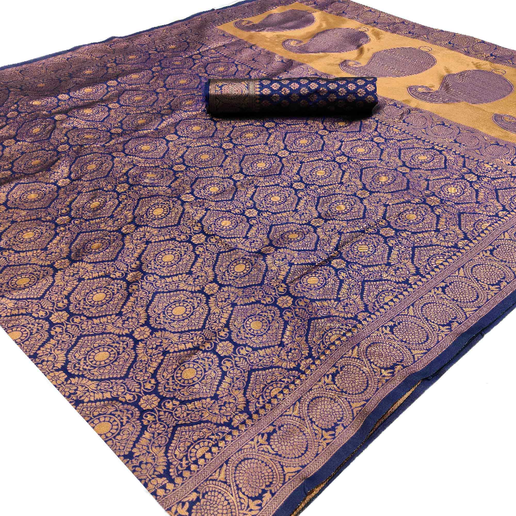 Navy Blue Woven Banarasi Silk Saree