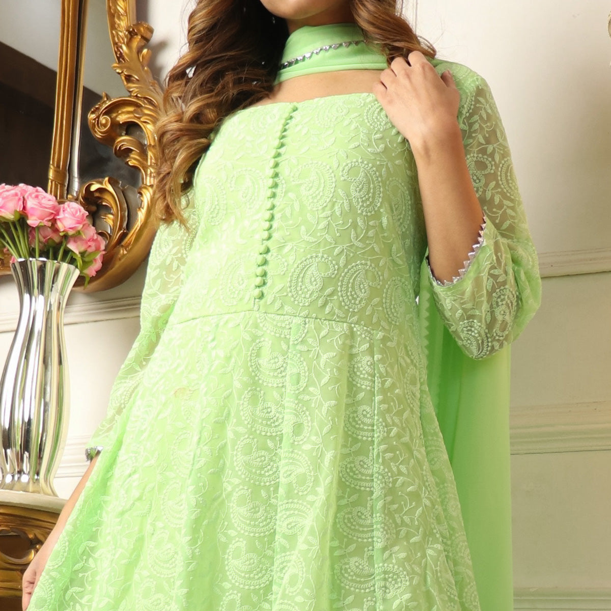 Pista Green Chikankari Work Georgette Anarkali Suit