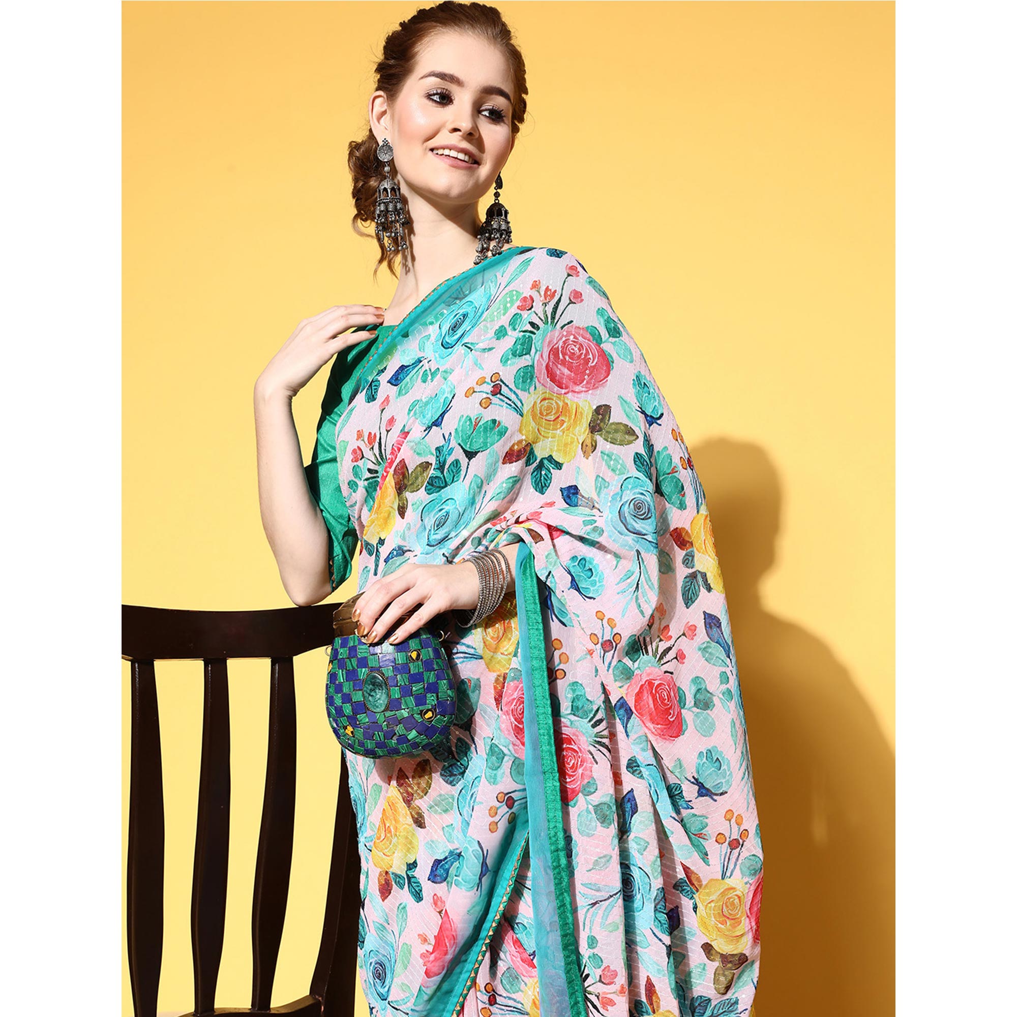 Blue Floral Printed With Sequins Embroidered Georgette Saree