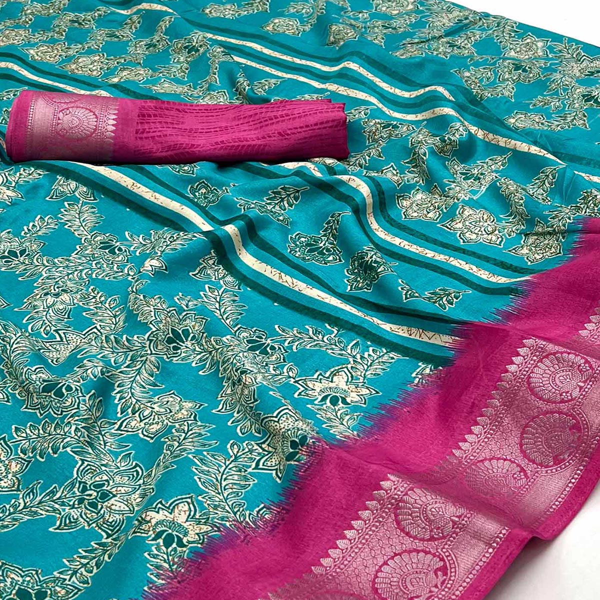 Blue Floral Printed With Woven Border Dola Silk Saree