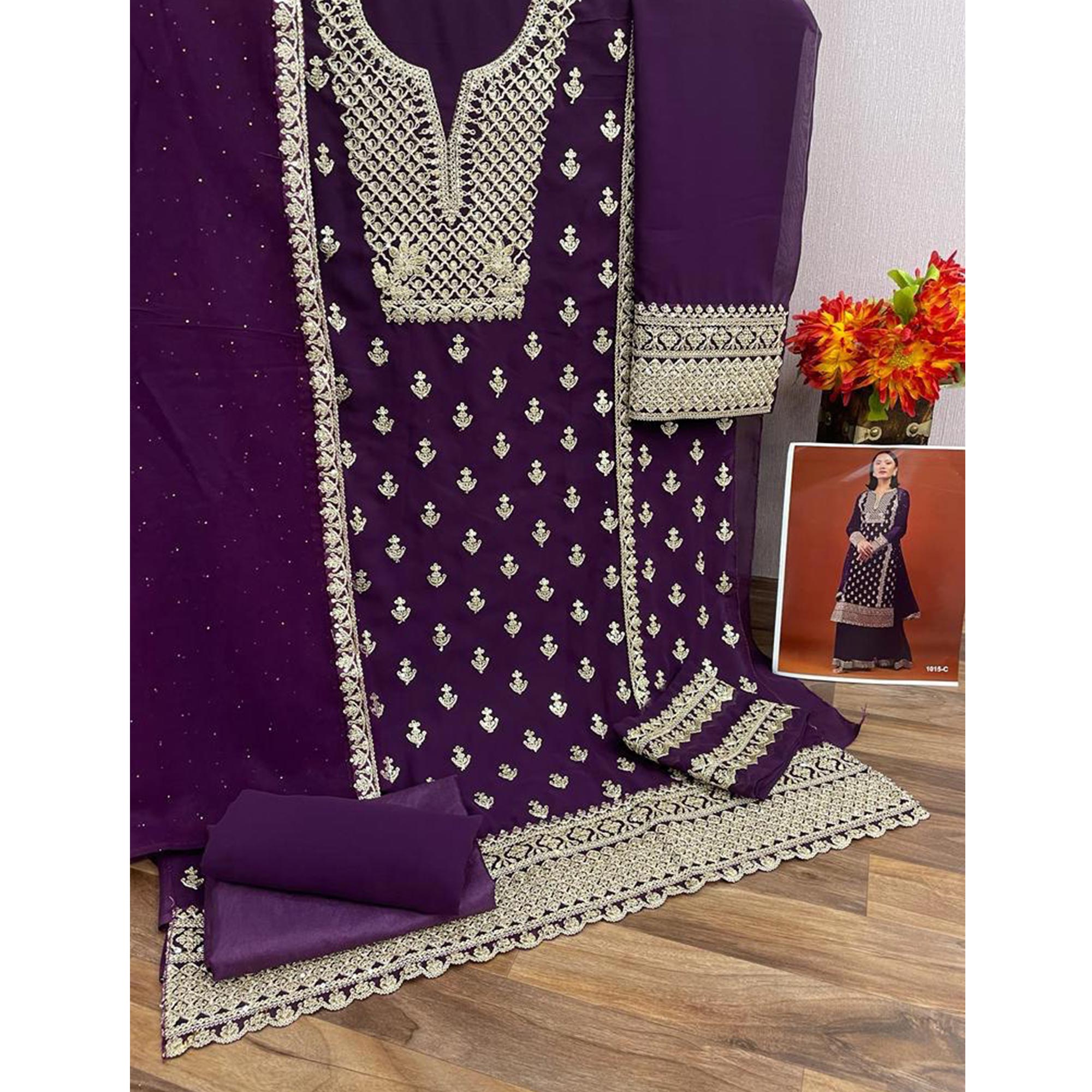 Purple Sequins Embroidered Georgette Semi Stitched Palazzo Suit