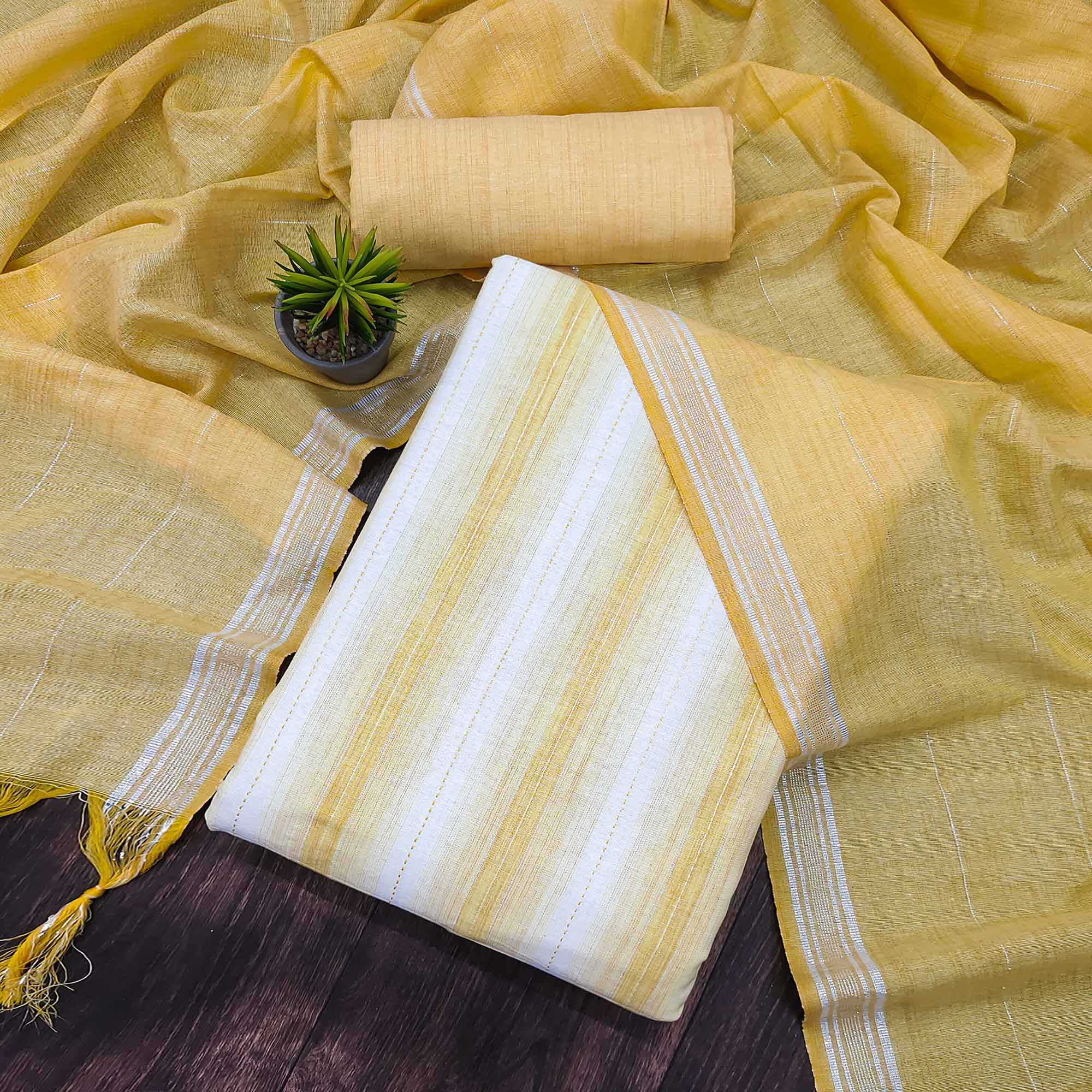 Yellow Woven Cotton Dress Material