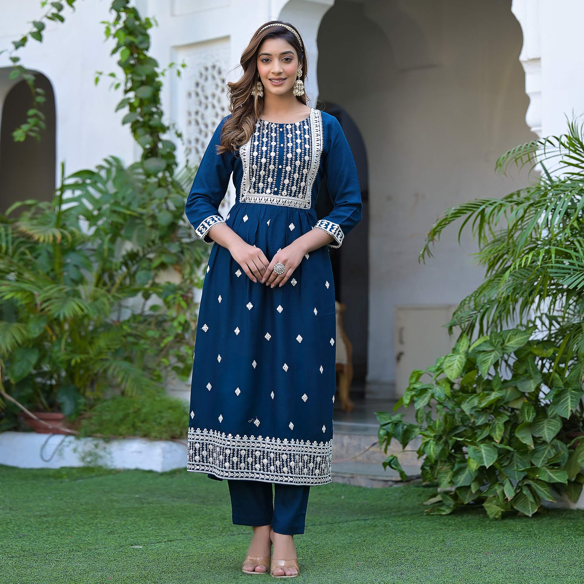 Blue Embroidered Rayon Naira Cut Suit