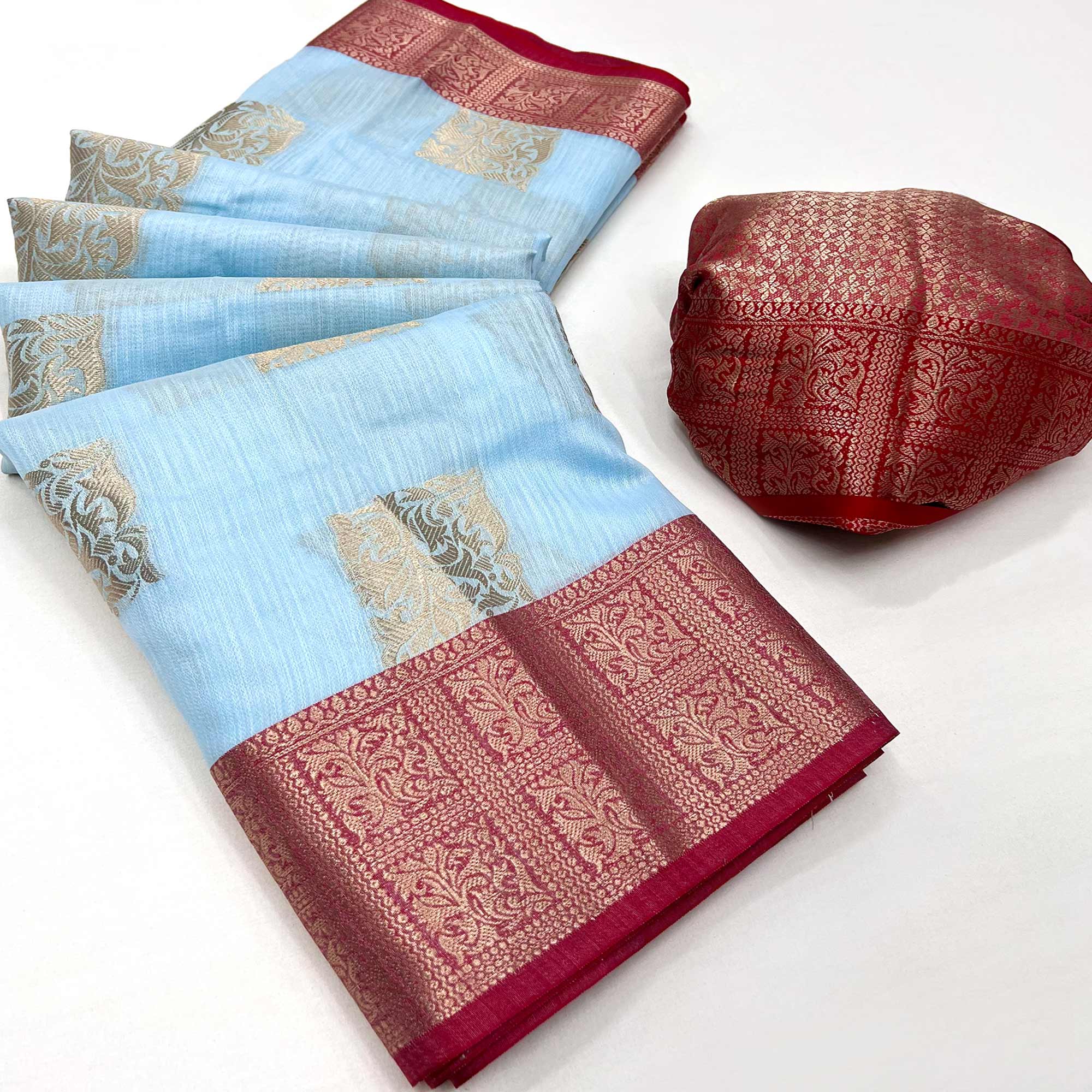 Blue Woven Linen Saree With Tassels
