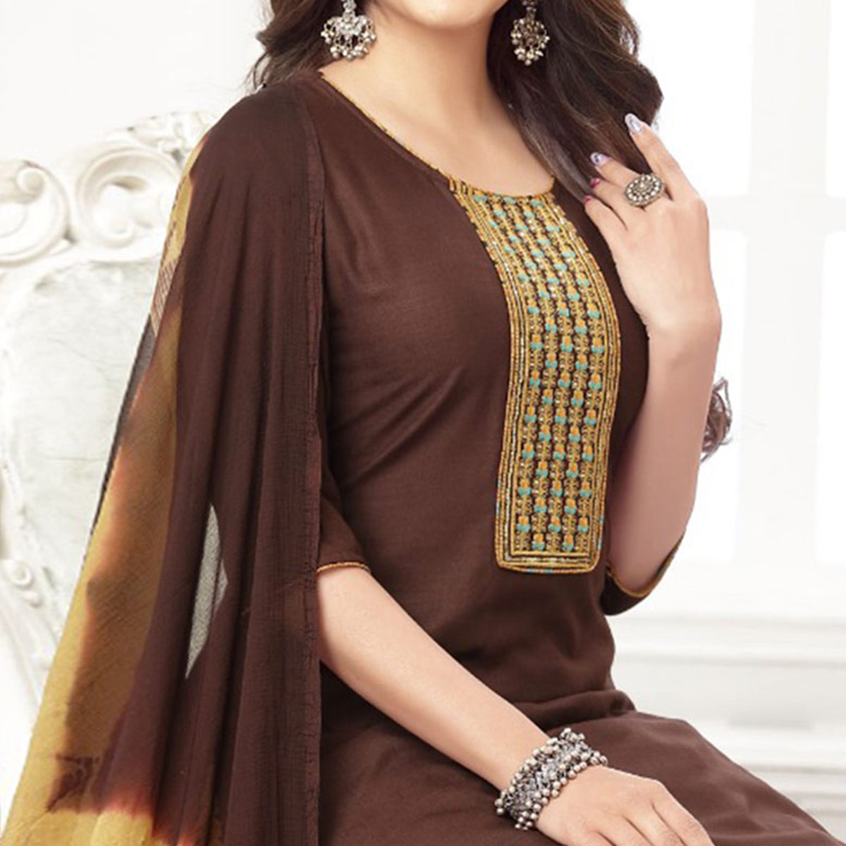 Brown Embroidered Rayon Patiala Suit