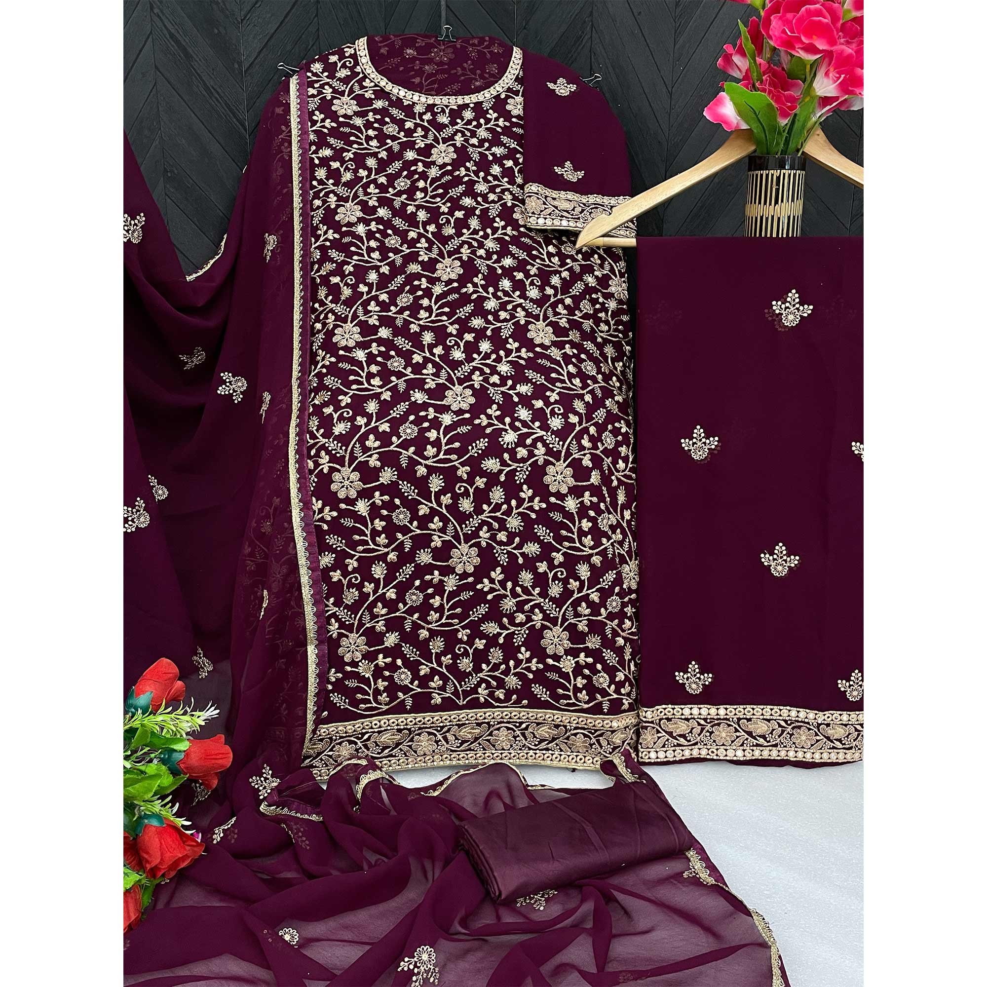 Purple Sequins Embroidered Georgette Sharara Suit