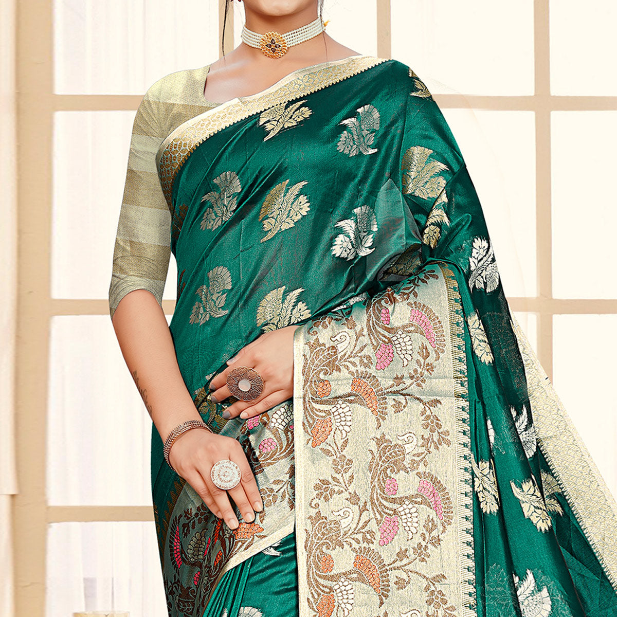 Green Floral Woven Organza Saree With Tassels