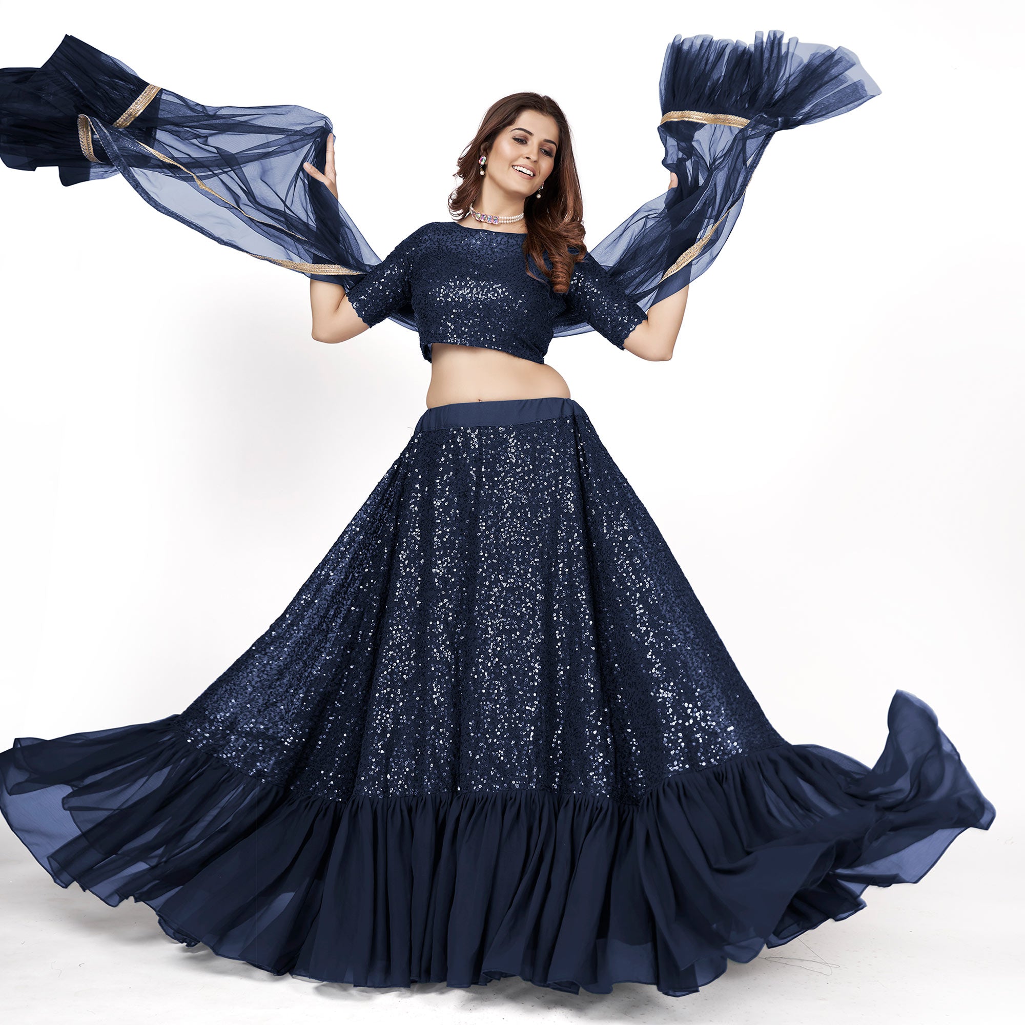 Dark Blue Sequins Embroidered Georgette Lehenga Choli