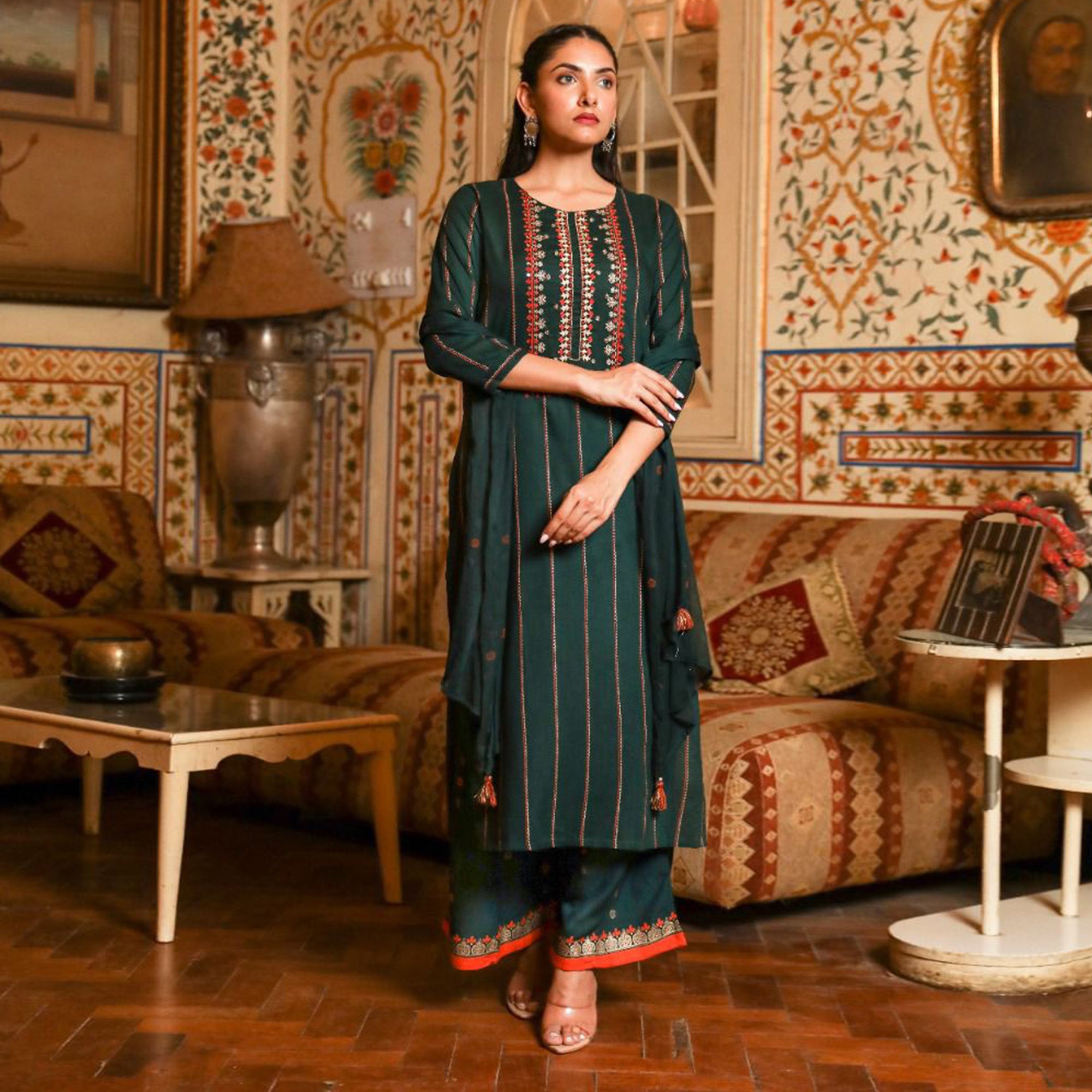 Green Printed With Embroidered Rayon Palazzo Suit