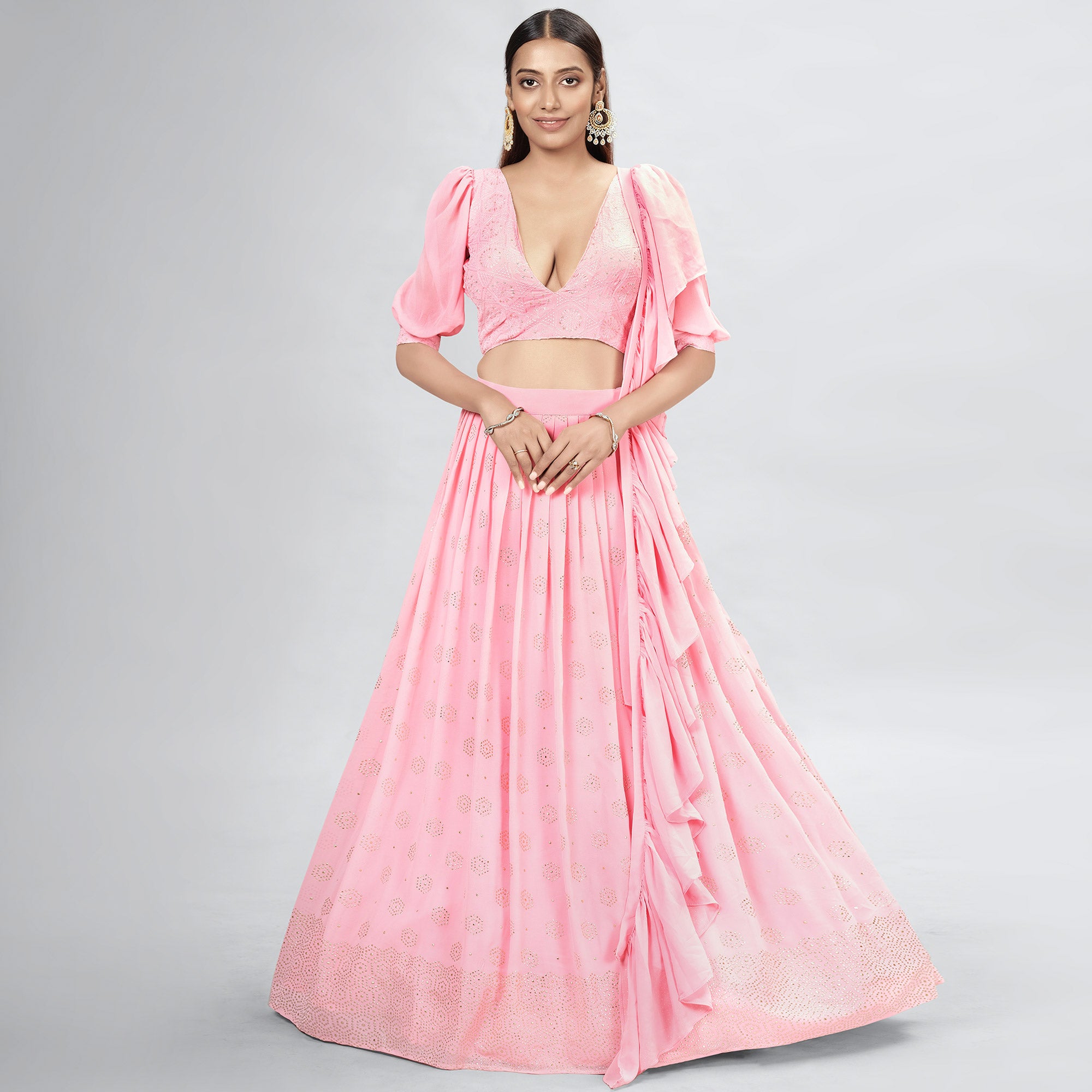 Pink Embellished With Embroidered Georgette Lehenga Choli