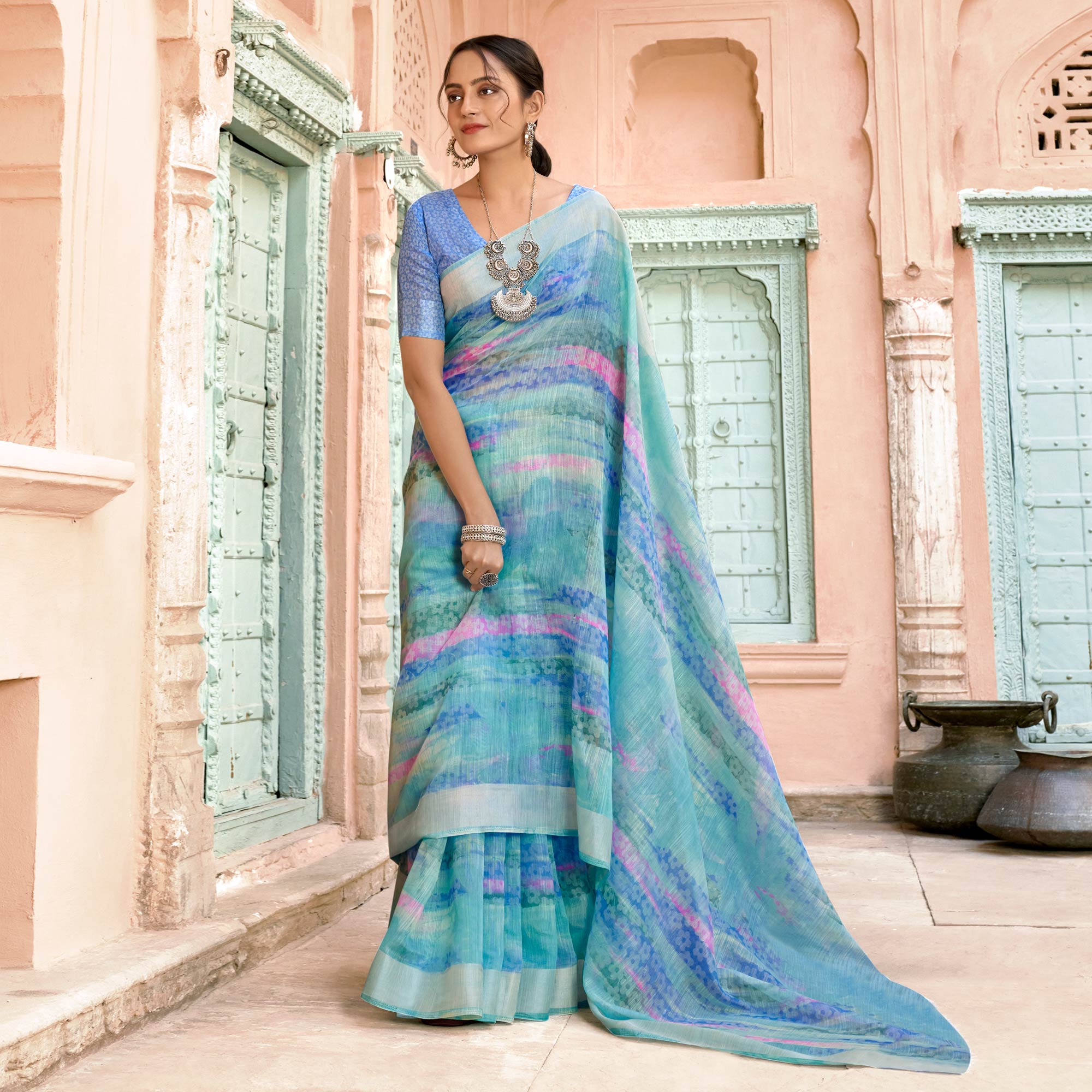 Blue Printed Cotton Blend Saree