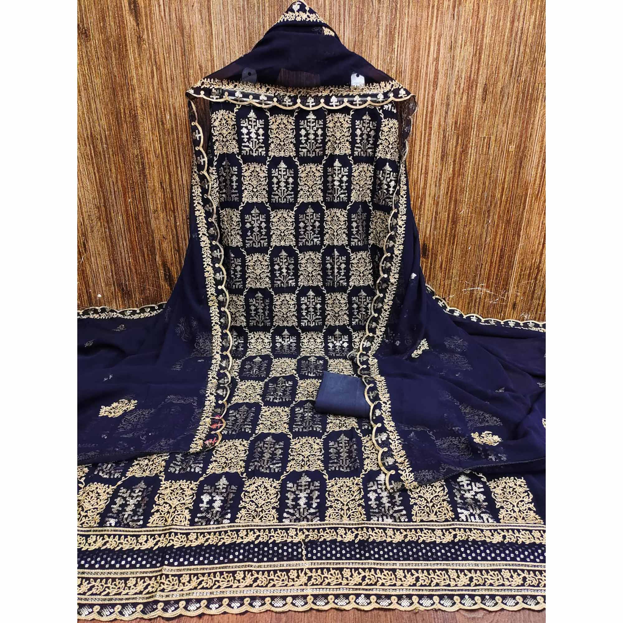 Navy Blue Sequins Embroidered Georgette Dress Material