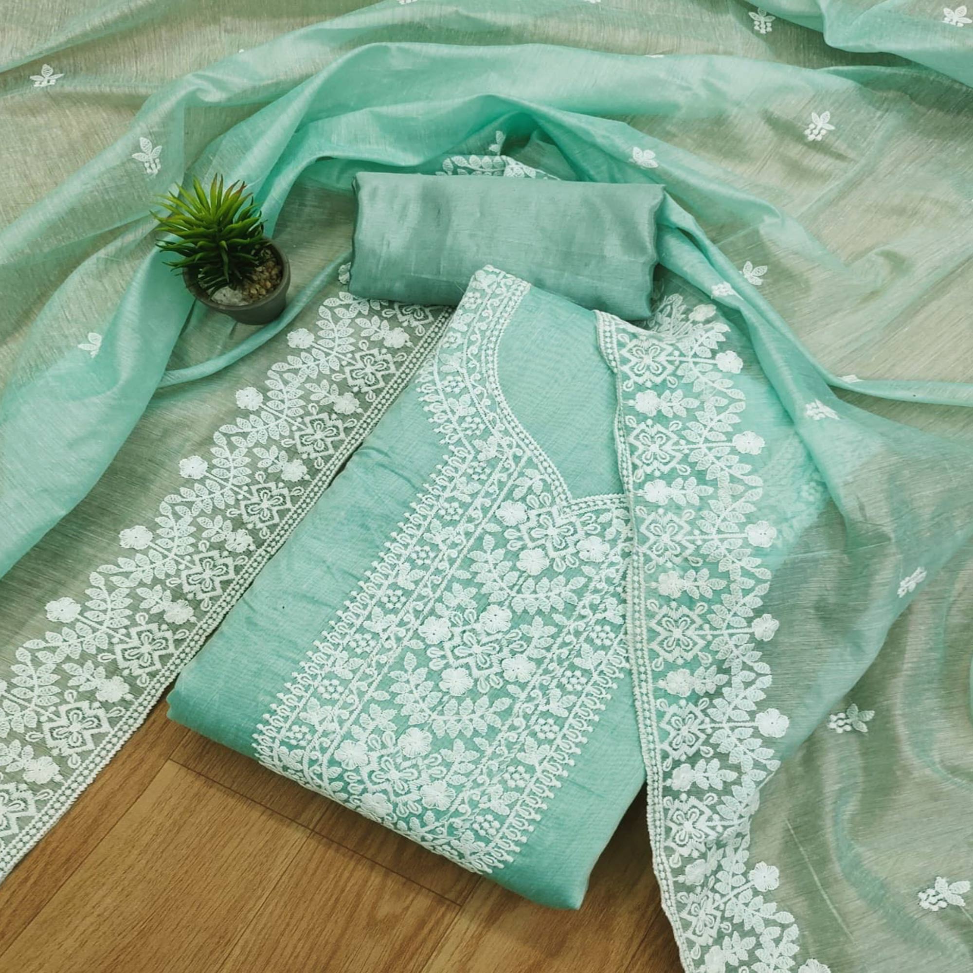 Sea Green Lucknowi Embroidered Modal Dress Material