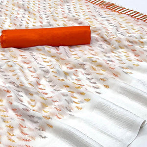 White Printed With Checks Border Georgette Saree