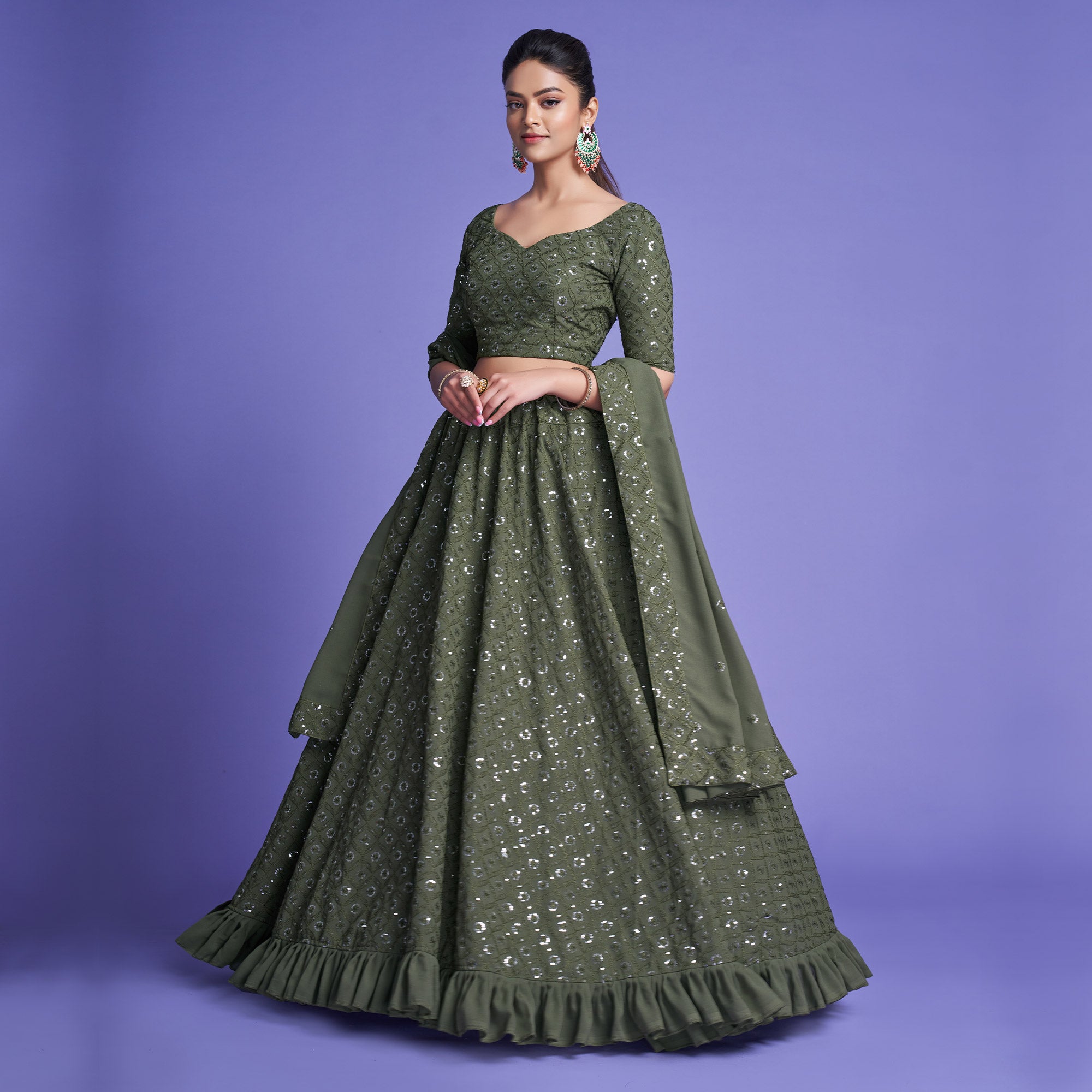 Mahendi Green Sequins Embroidered Georgette Lehenga Choli