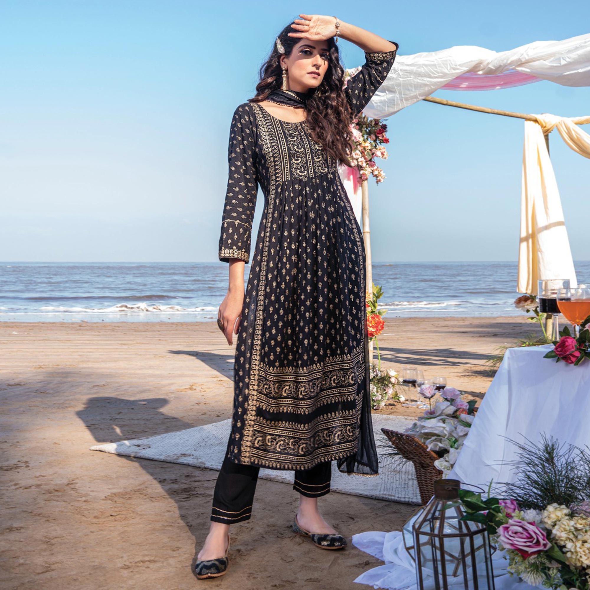 Black Foil Printed Rayon Naira Cut Suit