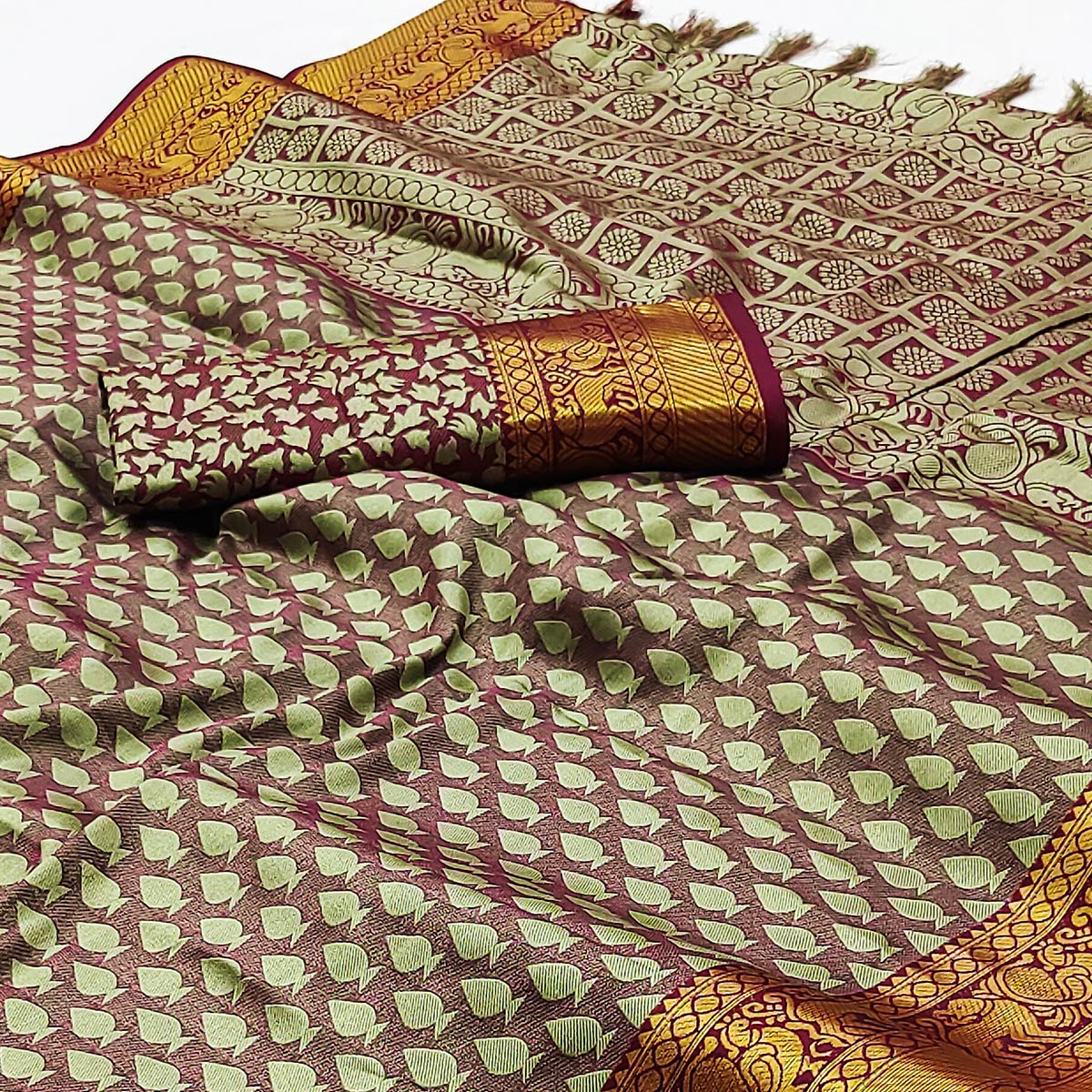 Green Woven Cotton Silk Saree With Tassels