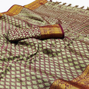 Green Woven Cotton Silk Saree With Tassels