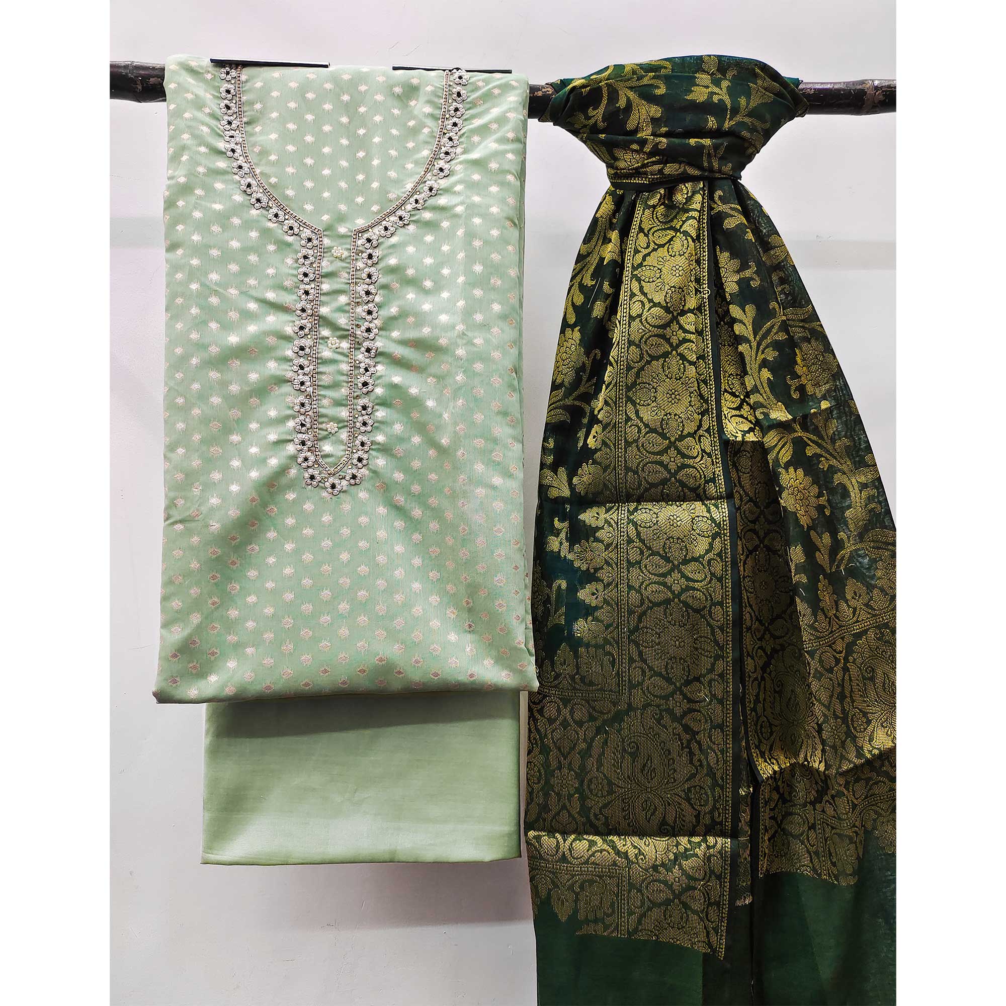 Sea Green Woven Banarasi Silk Dress Material