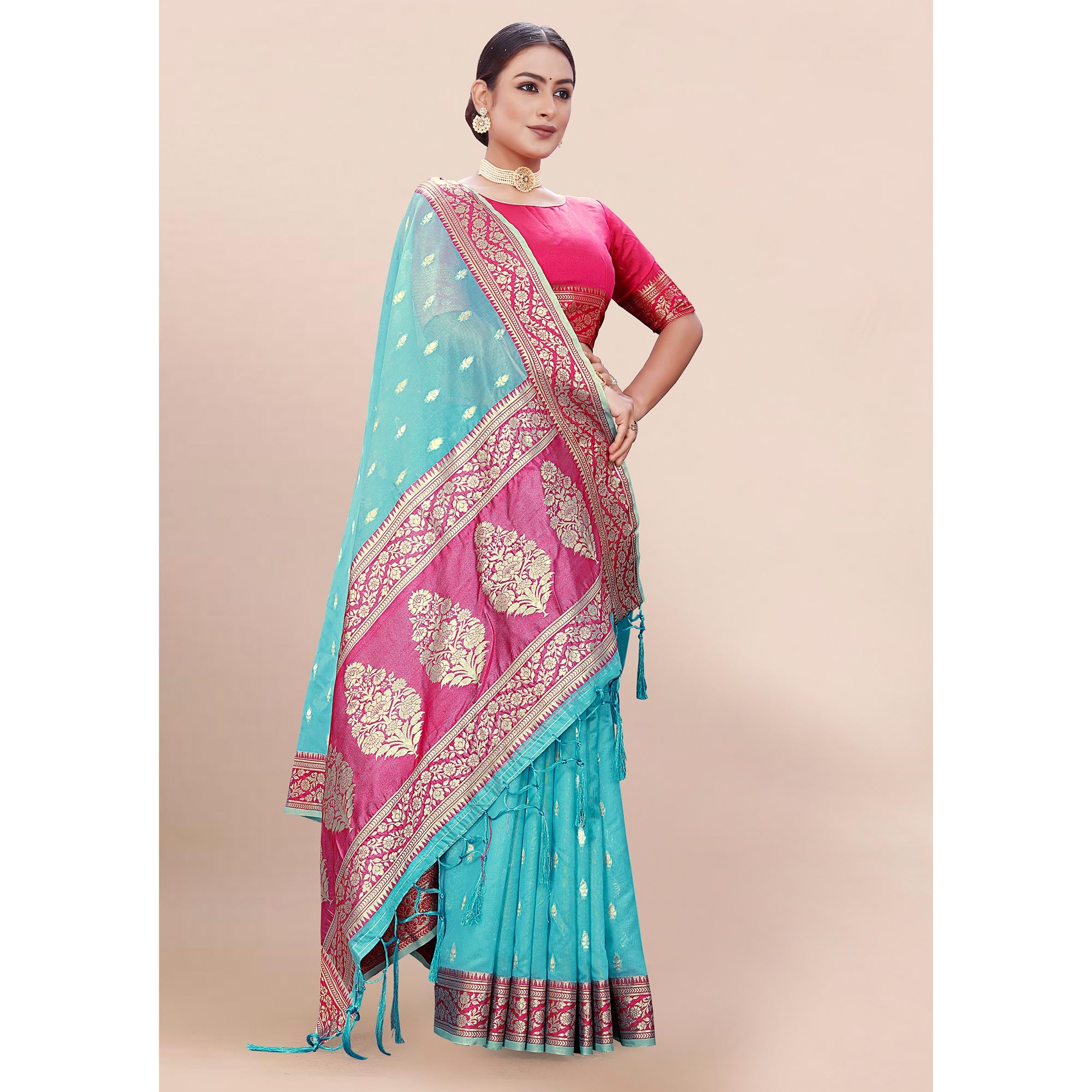 Blue Woven Organza Saree With Tassels