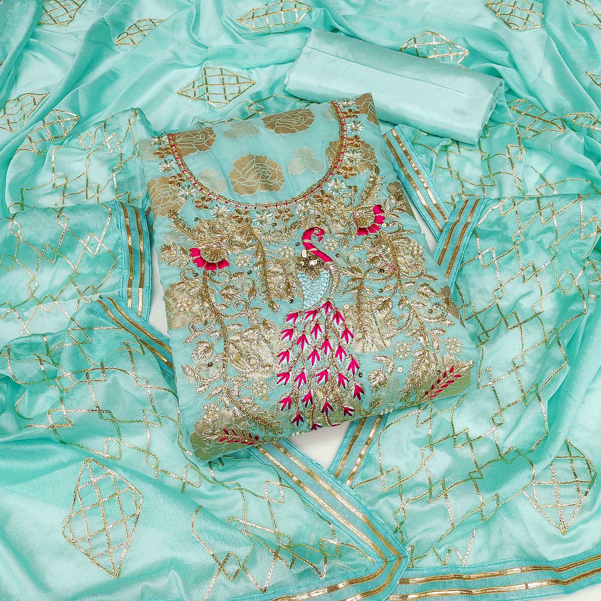 Blue Woven Banarasi Silk Dress Material