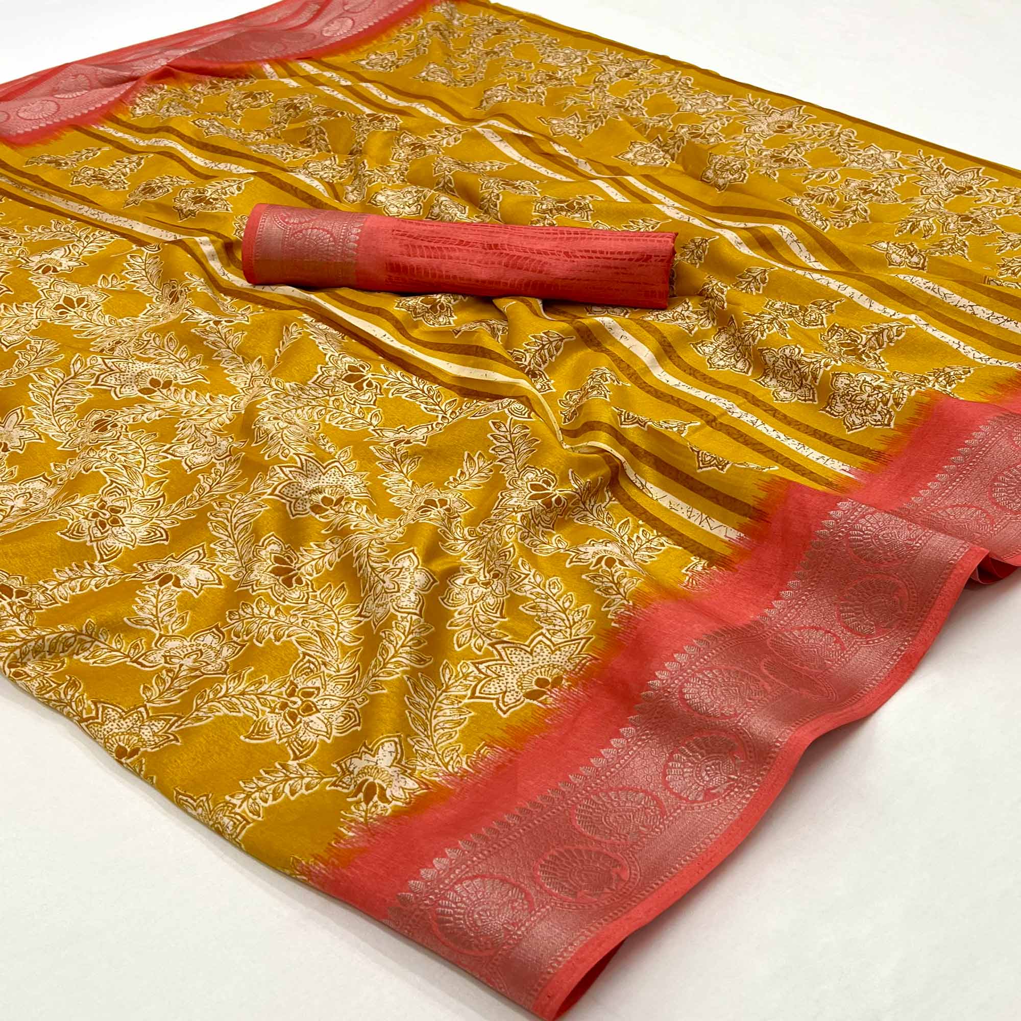 Mustard Floral Printed With Woven Border Dola Silk Saree
