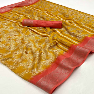 Mustard Floral Printed With Woven Border Dola Silk Saree