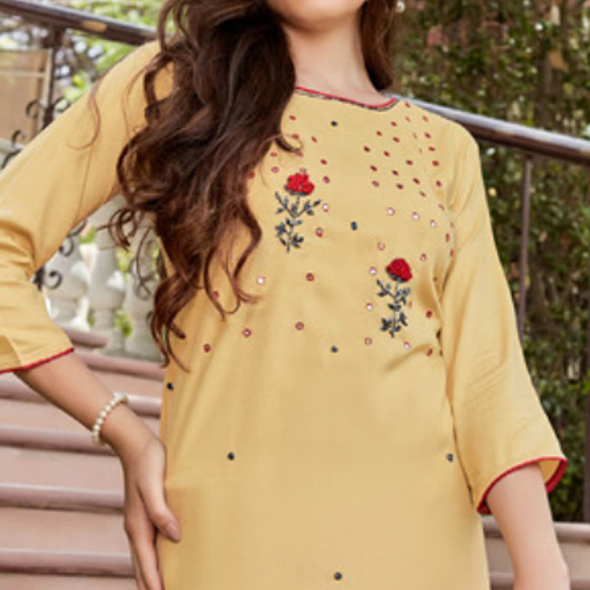 Light Yellow Embroidered Rayon Kurti