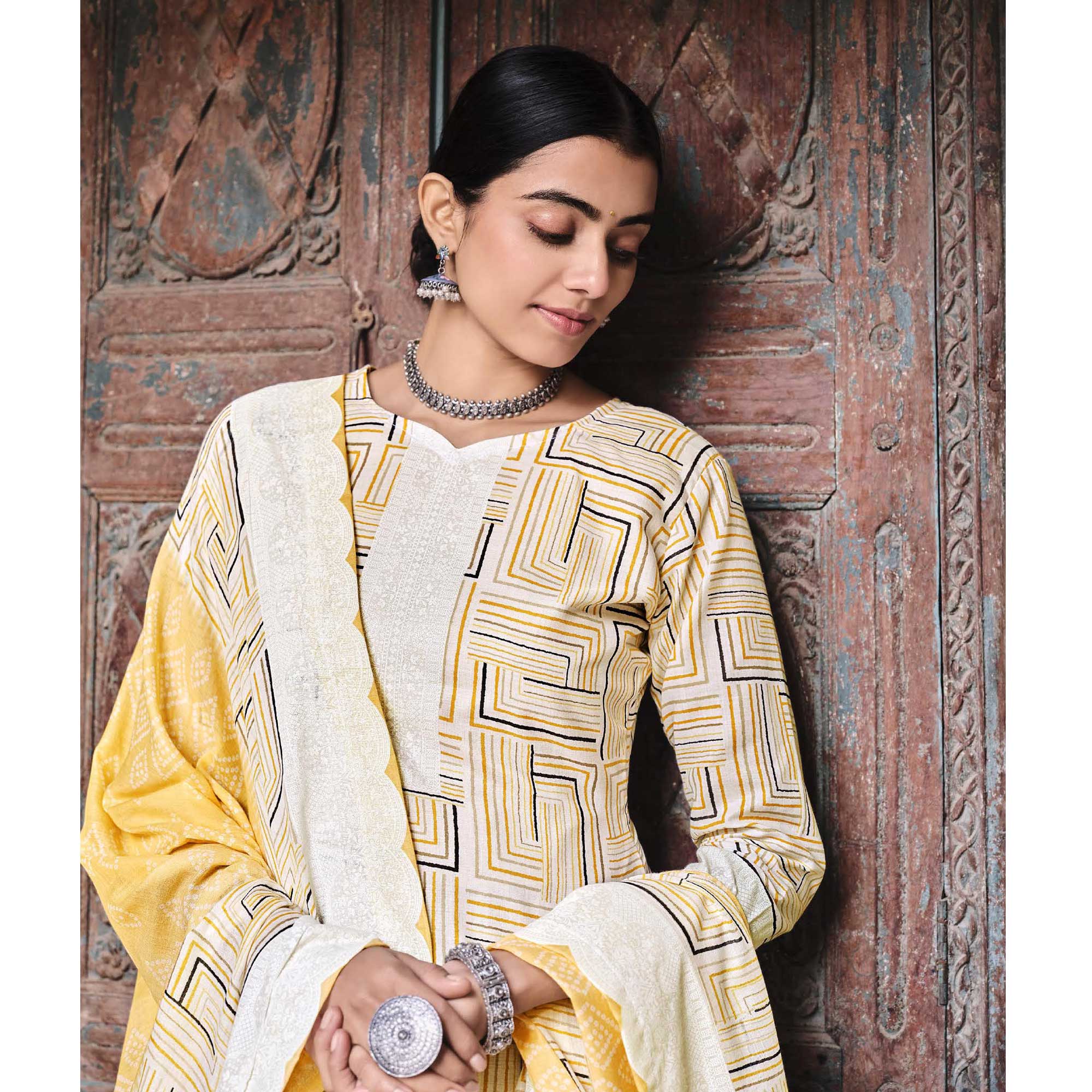 Yellow Printed Pure Cotton Salwar Suit