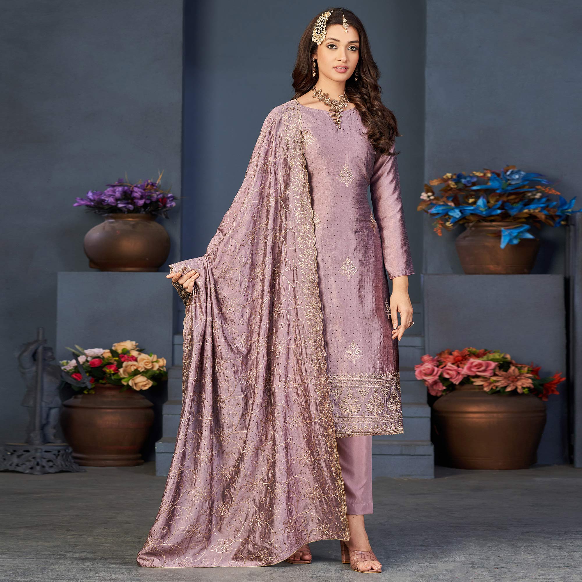 Purple Sequins Embroidered Vichitra Silk Suit