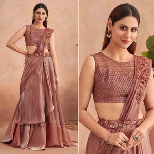 Salmon Pink Sequins Embroidered Ready to Wear Art Silk Saree