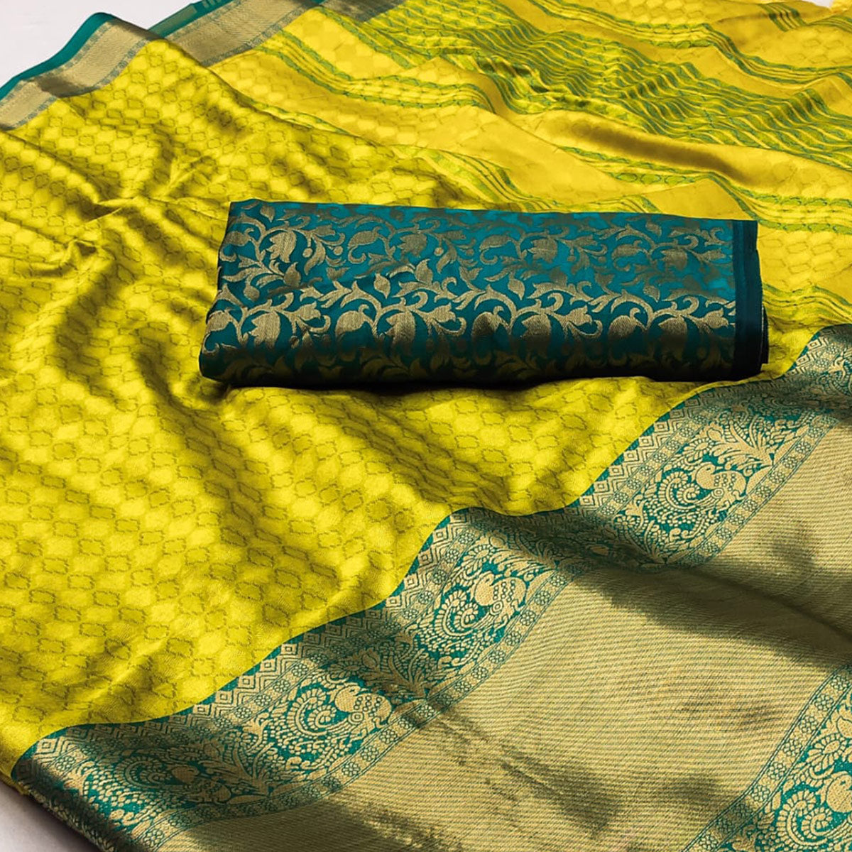 Lemon Yellow Woven Cotton Silk Saree With Tassels