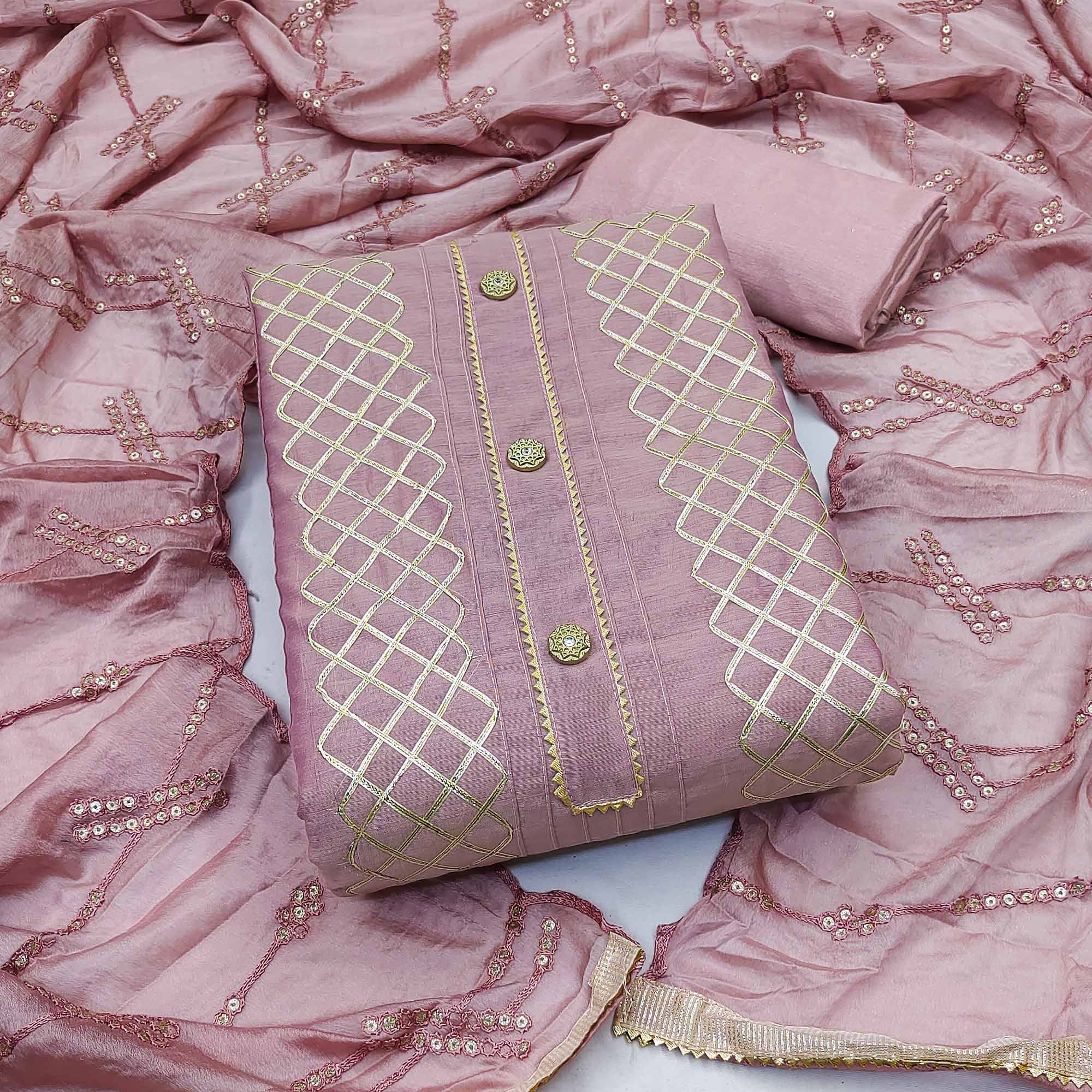 Mauve Gota Work Chanderi Dress Material