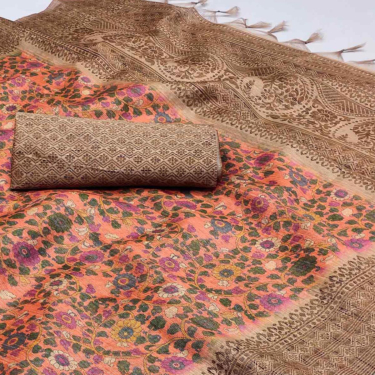Peach Floral Printed Cotton Silk Saree With Tassels