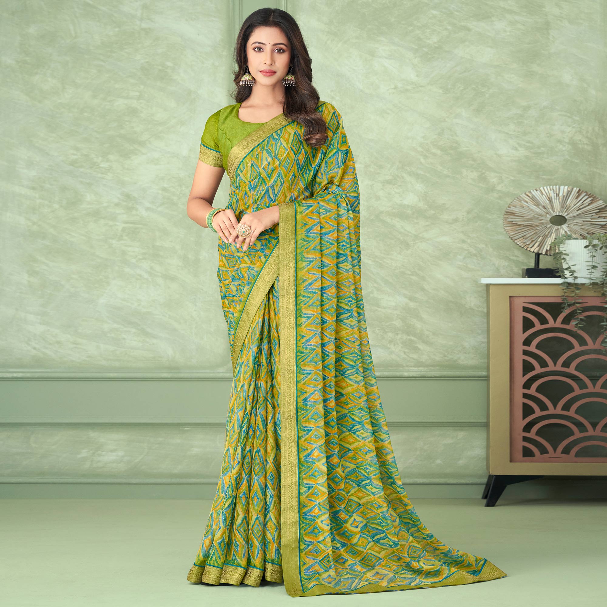 Olive Green Digital Printed Chiffon Saree With Lace Border