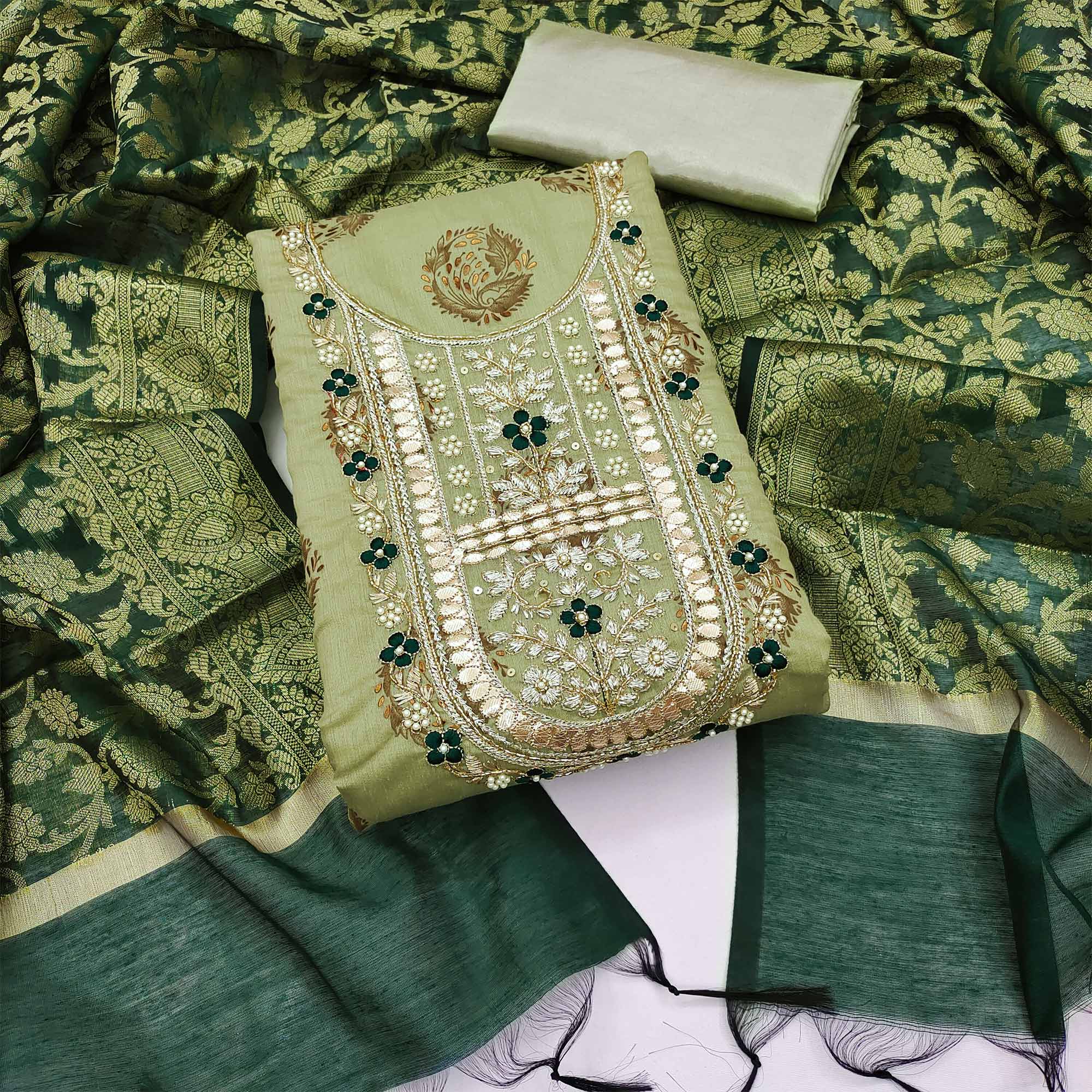 Green Floral Printed With Handwork Modal Dress Material