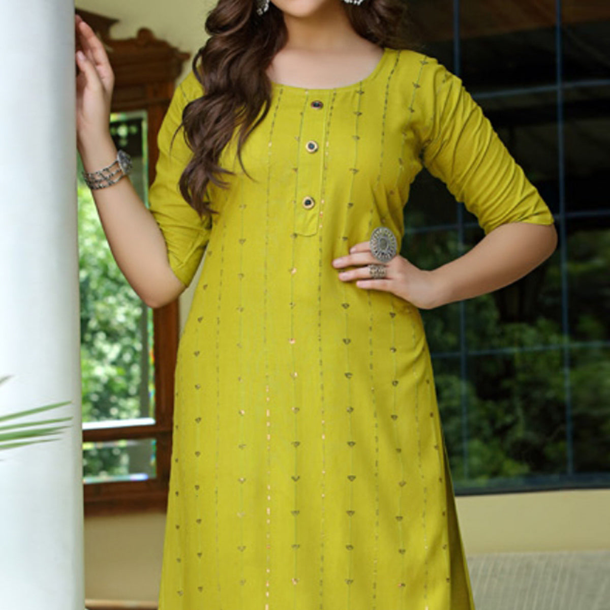 Lemon Green Embroidered Rayon Kurti