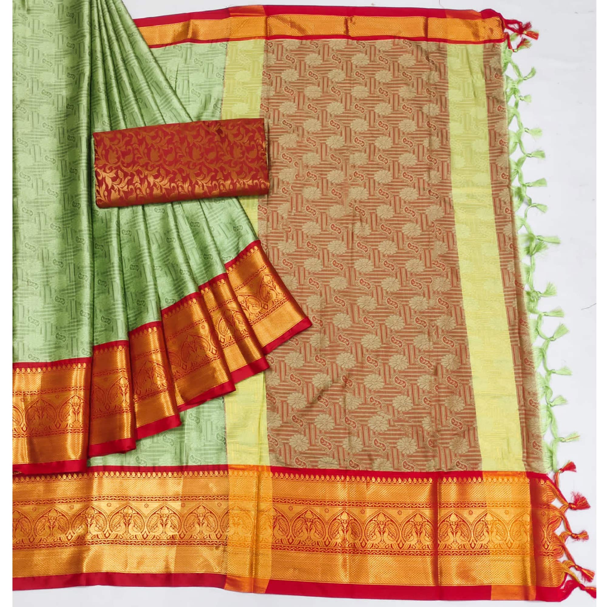 Pista Green Woven Cotton Silk Saree With Tassels