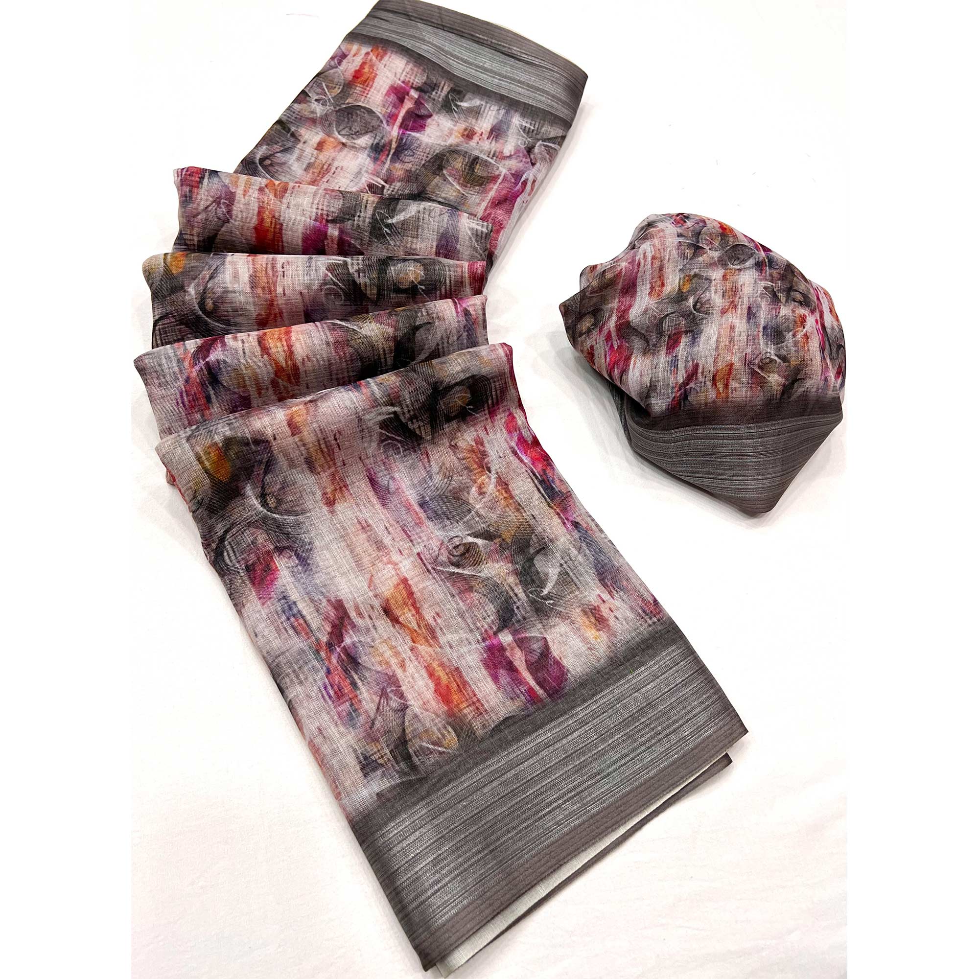 Multicolor Digital Printed Linen Saree