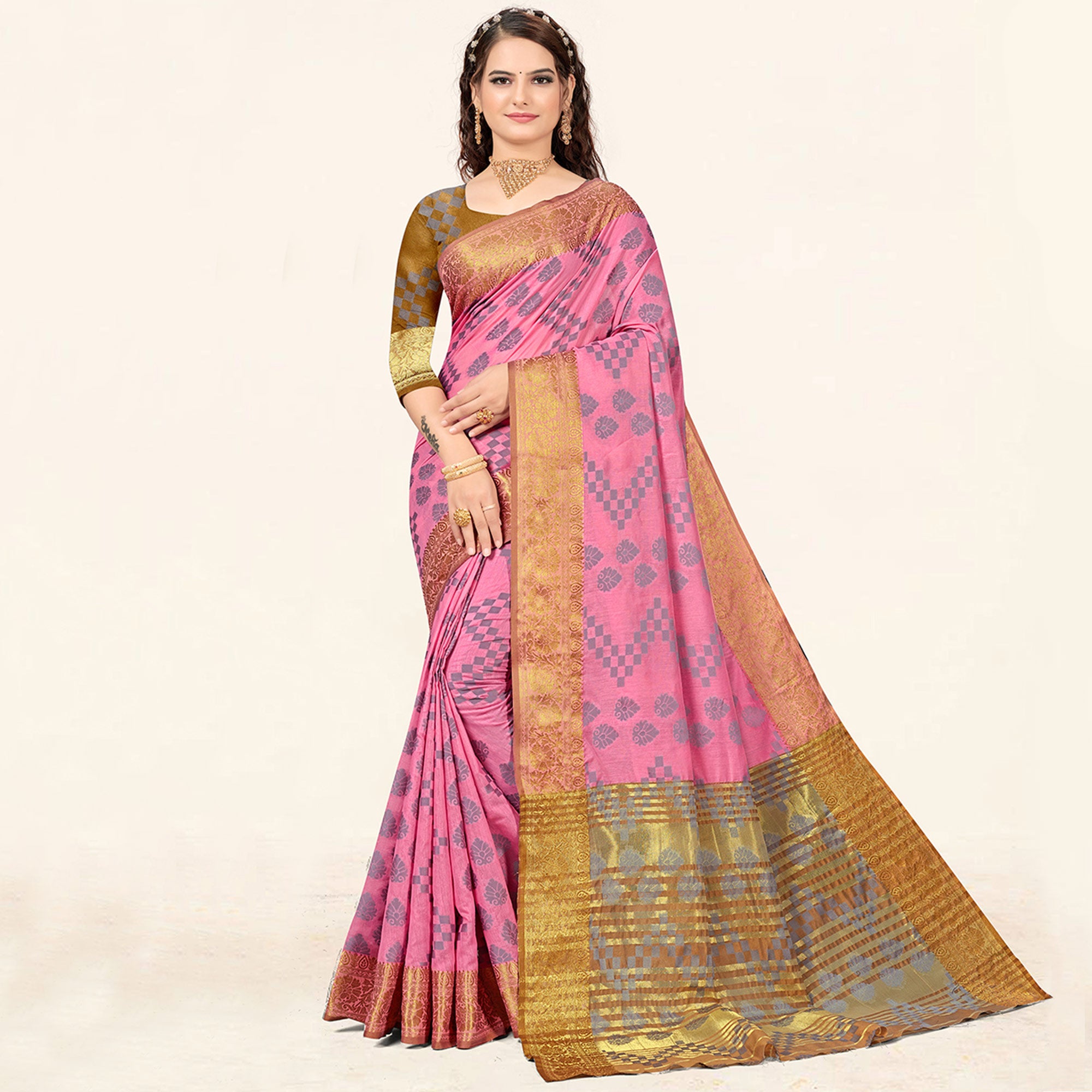 Pink Woven Cotton Saree