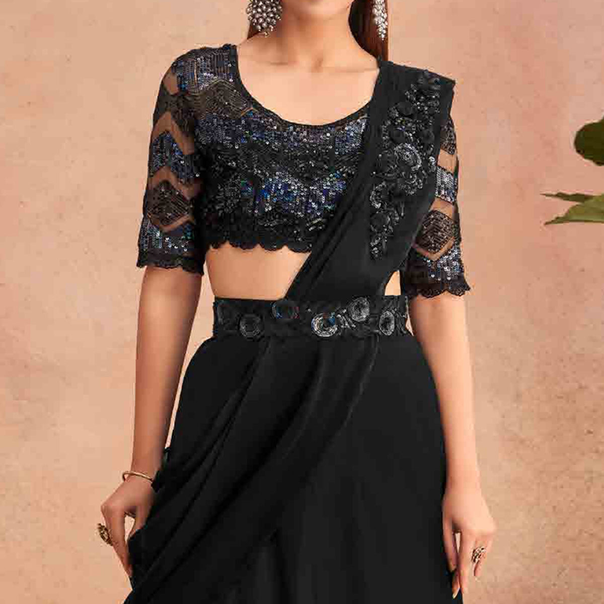 Black Sequins Embroidered Ready to Wear Art Silk Saree