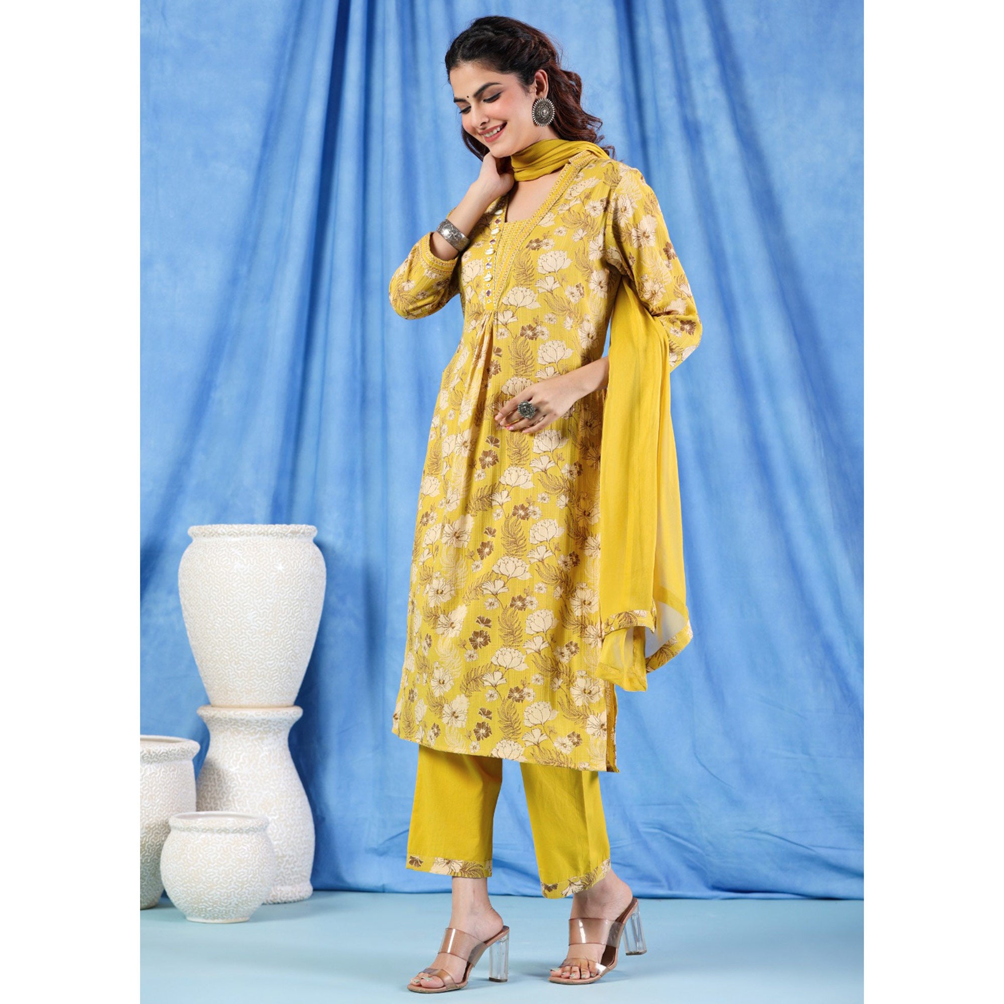 Yellow Floral Printed Pure Cotton Suit