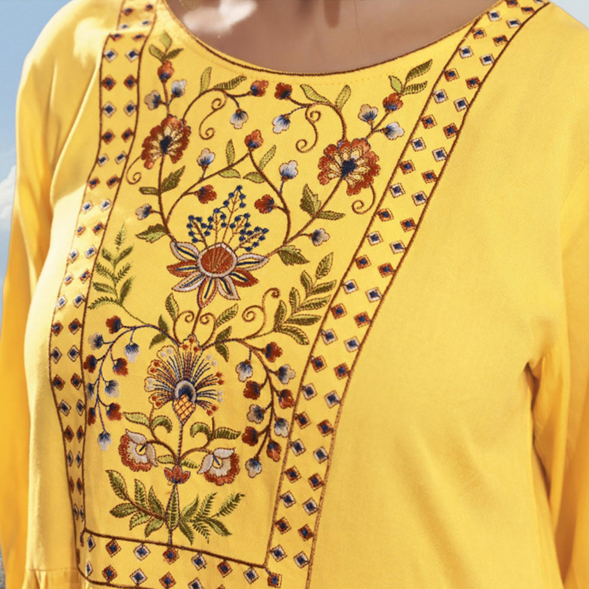 Yellow Floral Embroidered Rayon Top