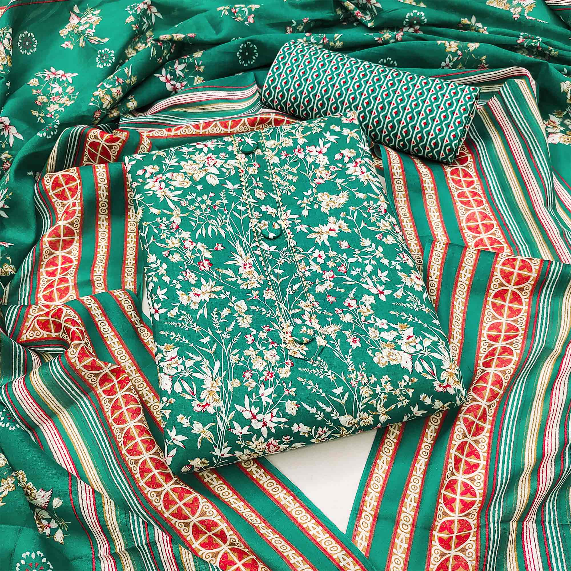Green Floral Printed Cotton Blend Dress Material