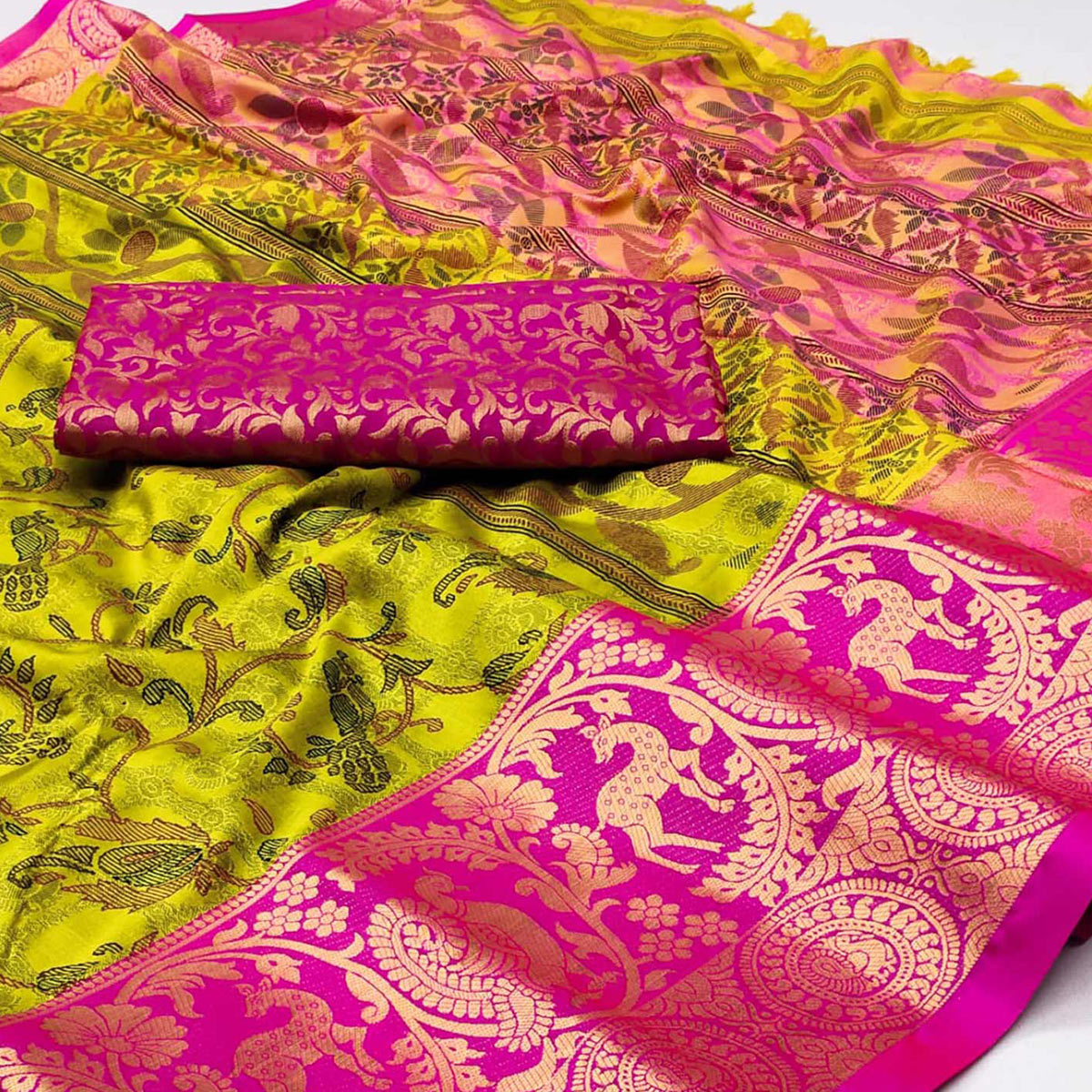 Lemon Green Printed With Woven Border Cotton Silk Saree